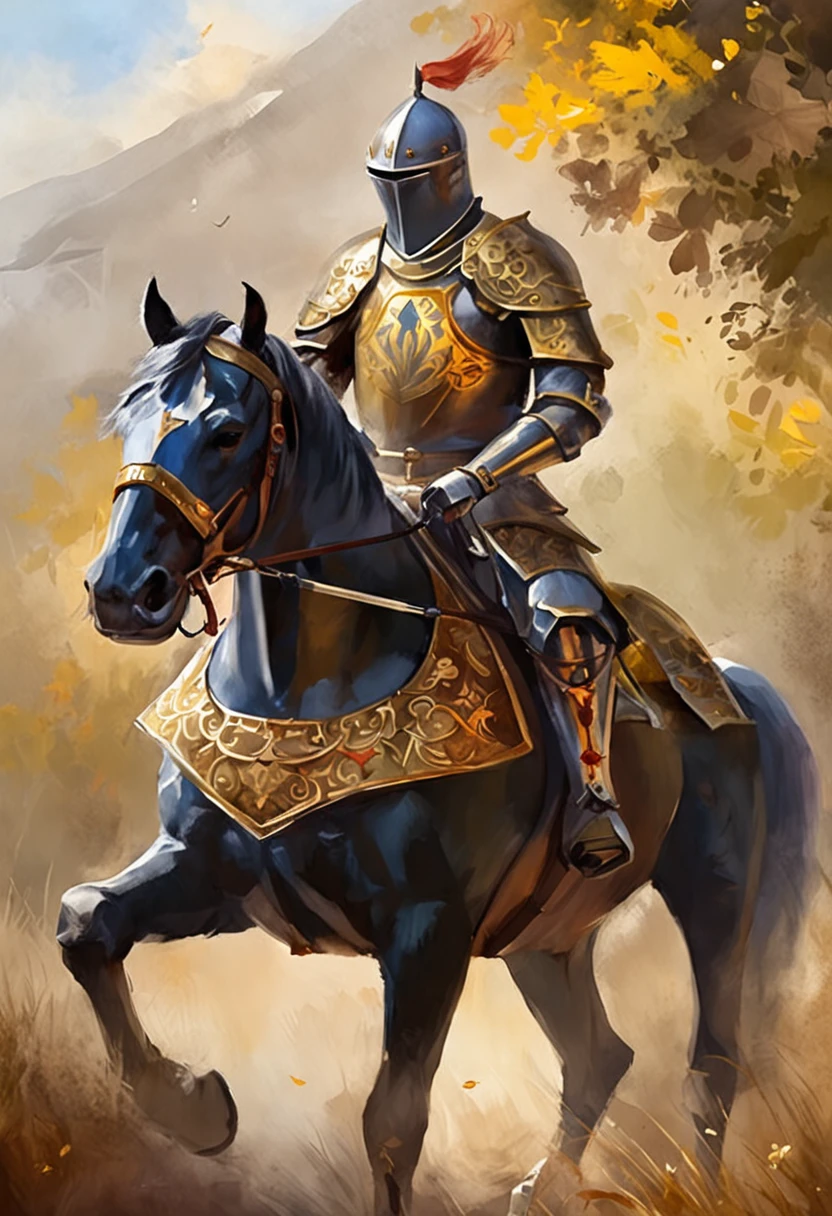 (Solemn royal knight),Armor，ride horse，The formation is neat,borgar，The foreground is a small flower，The front shadow is blurred，depth of fields，tmasterpiece，Light and shadow effects，Movie special effects