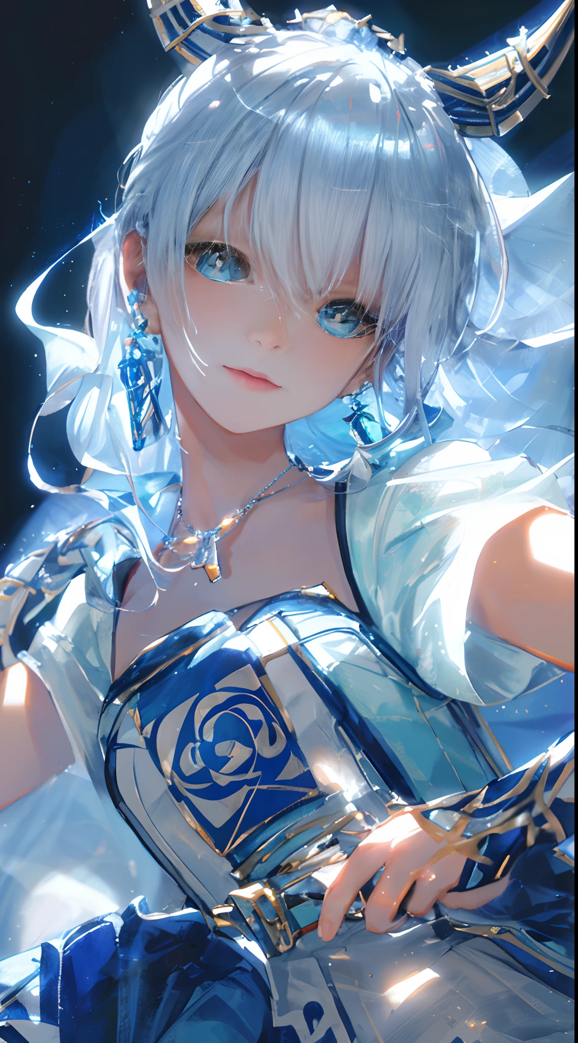 masterpiece, best quality, illustration, sax blue, platinum earrings, platinum necklace, white dress, 1girl, cute, (dynamic lighting:1.2), cinematic lighting, delicate facial features, detailed eyes, sharp pupils, realistic pupils, depth of field, bokeh, sharp focus, (hyper-detailed, bloom, glow:1.4), many small gems