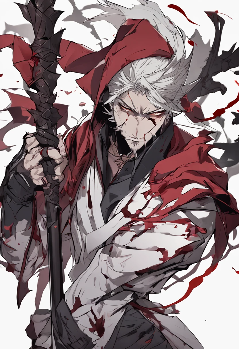 anime character with a staff and a beard, handsome guy, detailed anime character art, berserker portrait, beautiful male god of death, fit male demon with bloodied fangs.