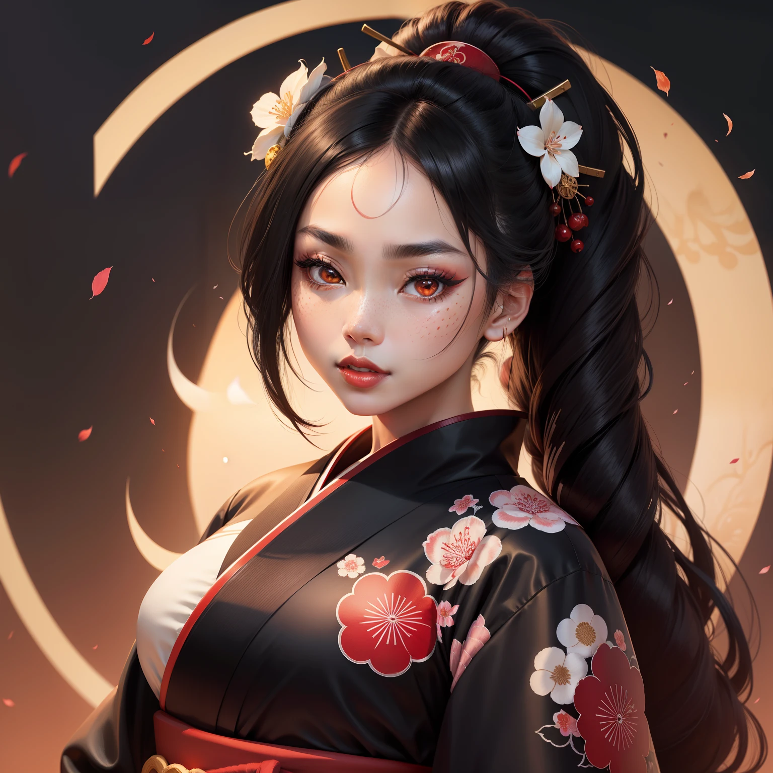 A masterpiece of the highest quality, AkagiV5, 1 girl, One, black hair, japanese clothing, kimono, long hair, I look at the viewer, ((Red eyes)), smile, sparkling eyes, hands on your own face, blood on the face, ((blood swirl)), (yandere:1.4), (sparkling eyes:1.4), Crazy eyes