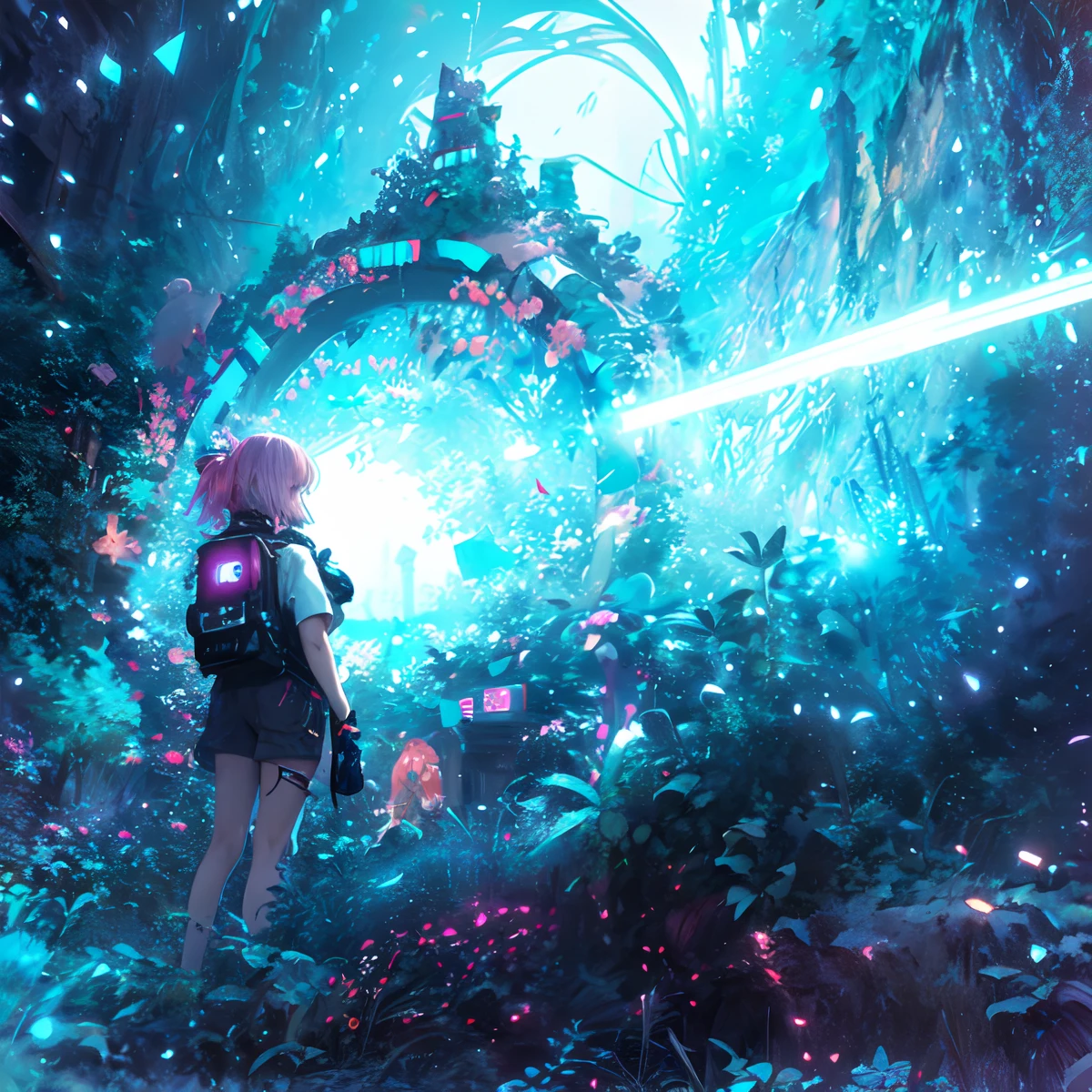 (masterpiece、top-quality、top-quality、Official art、ighly detailed、Beautifully Aesthetic:1.2)、(1girl in)、(Fractal Art:1.3)、very short hairstyle、pink hair color colorful、FULL BODYSHOT、(CyberpunkTThe shirt)、animesque、head-mounted displays, gorgeous colorful light detail、Intuitive、sharp、Precise focus、insta photo、photo of the year、cinema4d、Dramatic、