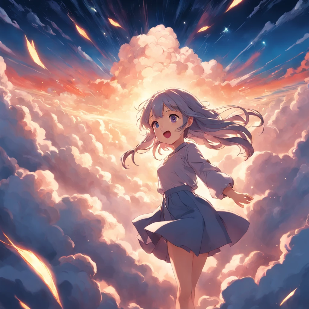 masterpiece, best quality, movie still, 1girl, cloud girl, floating in the sky, close-up, bright, happy, warm soft lighting, sunset, (sparks:0.7)