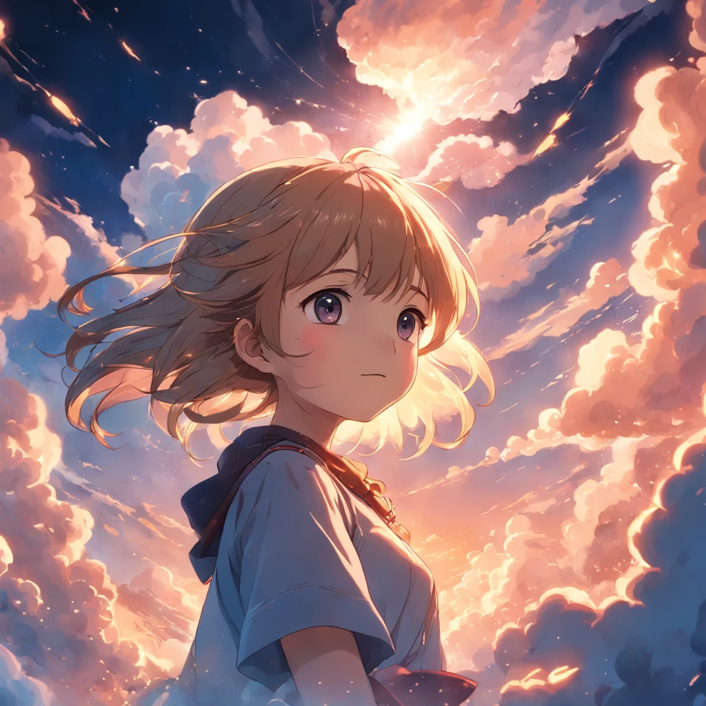 masterpiece, best quality, movie still, 1girl, cloud girl, floating in the sky, close-up, bright, happy, warm soft lighting, sunset, (sparks:0.7)