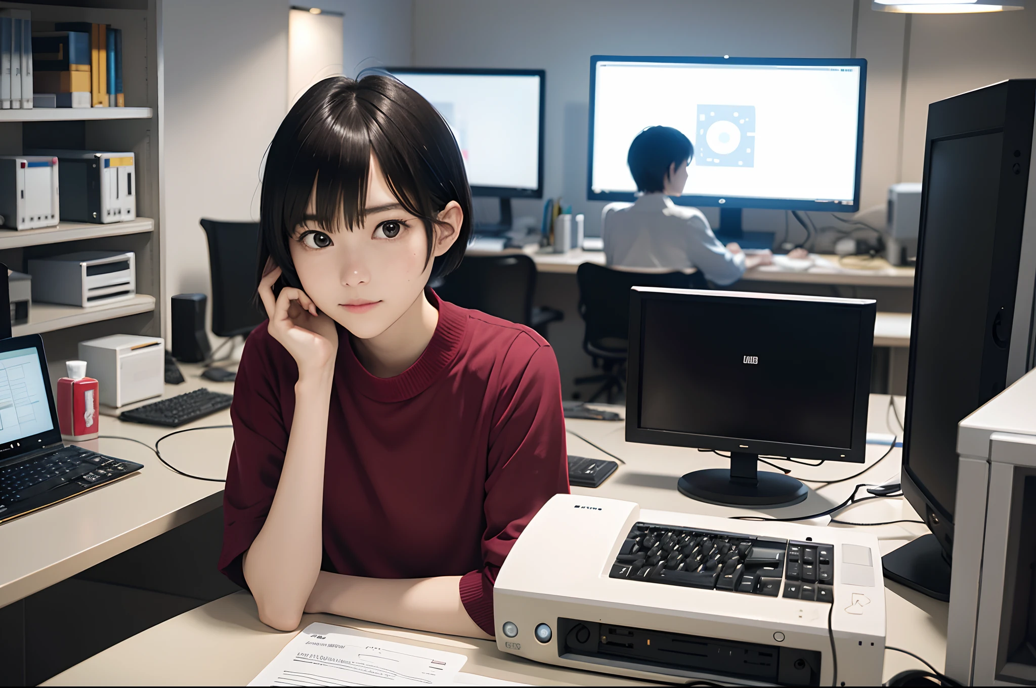 masutepiece, of the highest quality, 1 Lady, 20yr old, ((short-hair)), ((computer lab))