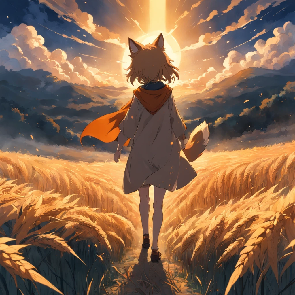 tmasterpiece,best qualtiy,cinematic Film still from,Wolf with spices,Hero runs in a wheat field,fox ear,autumnal,rays of sunshine,(spark of light:0.7)