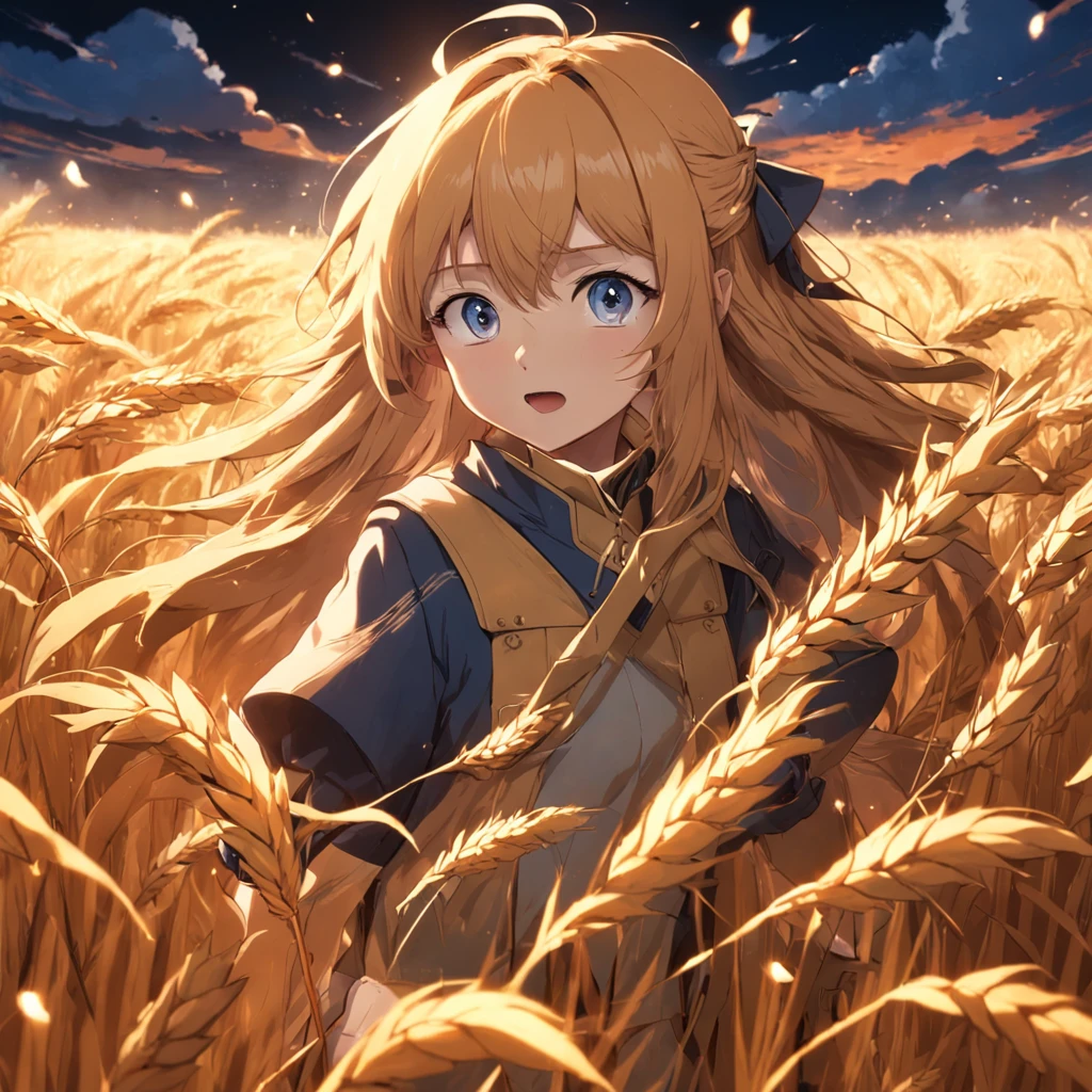 tmasterpiece，best qualtiy，cinematic Film still from，Wolf with spices，Hero runs in a wheat field，fox ear，autumnal，rays of sunshine，（spark of light：0.7）