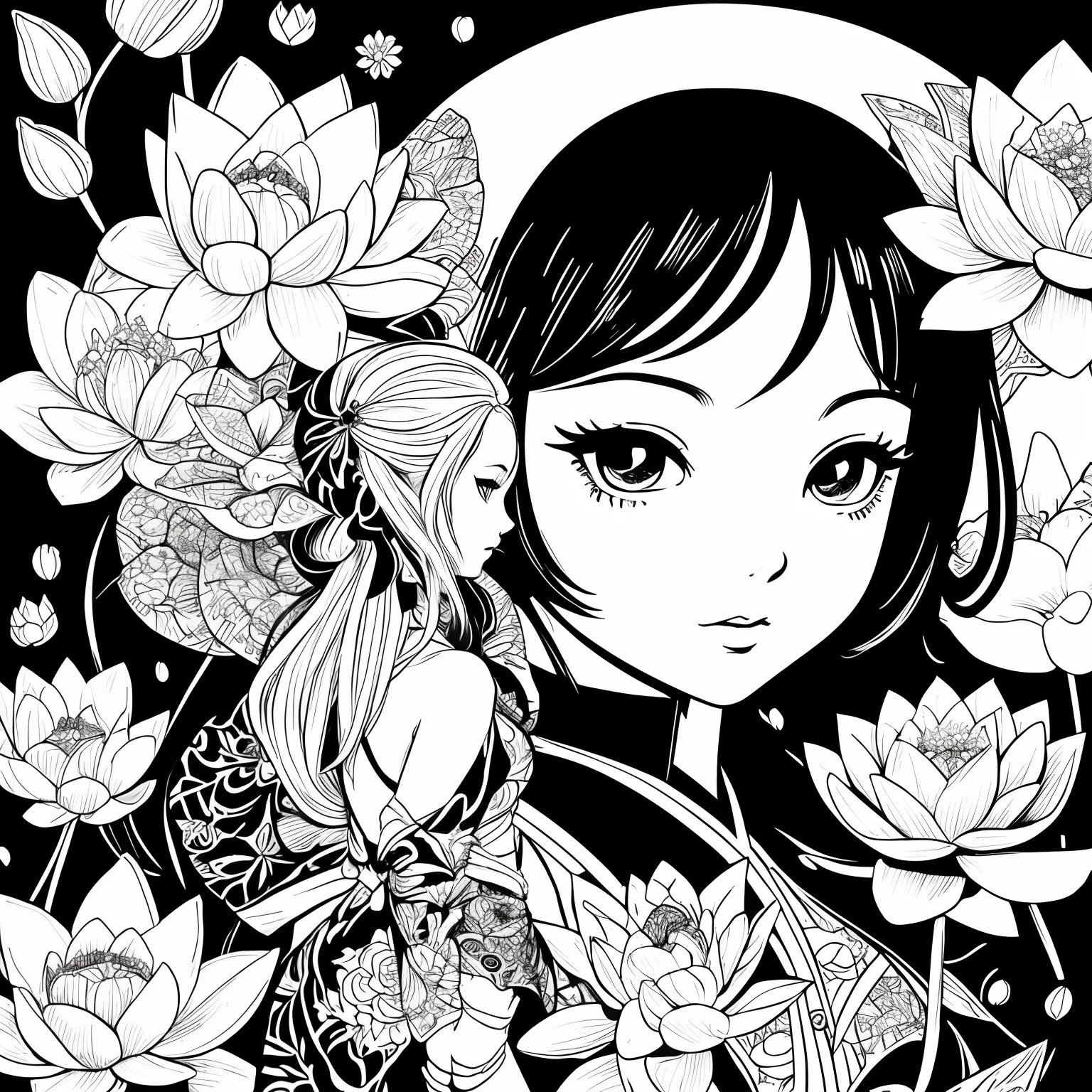 Black and white stick figure girl with lotus flower in background, loli in dress with flowers, its fine ink line art, comic style, portrait of magical marilyn munroe beautiful line art, black and white comic style, manga style, manga art style, pencil and ink caricature drawing, black and white coloring