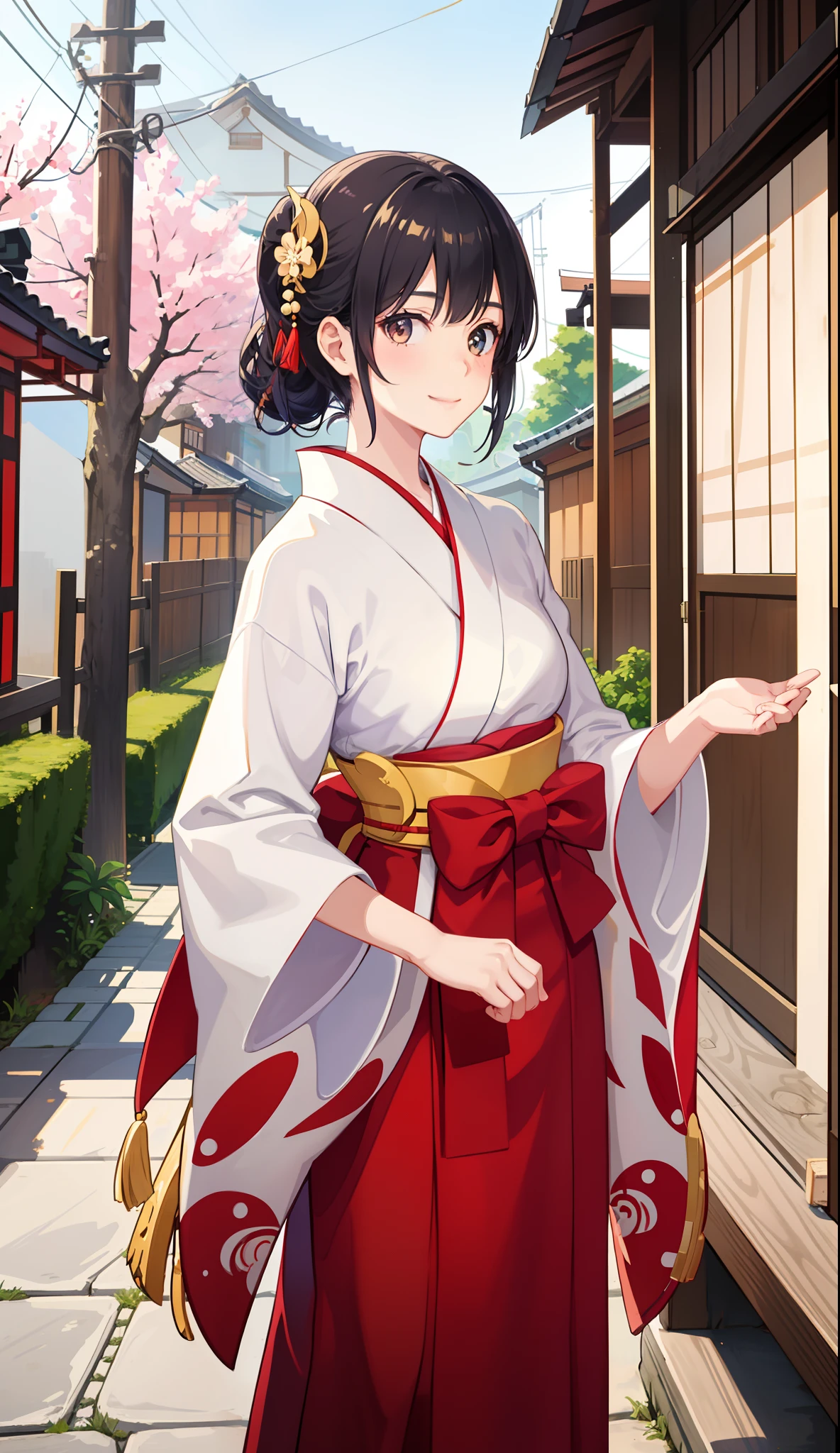 1girl in、A smile、A delightful! Taisho period in Japan、White color kimono、Hakama、(small tits)