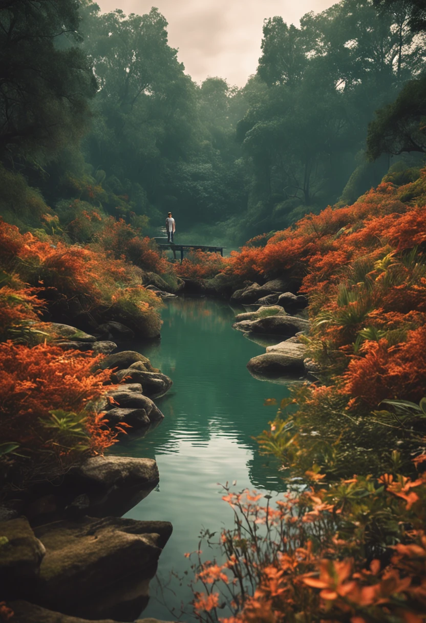 Um homem de 25 anos, 1,72m de altura, by a lake in a lush valley. dense vegetation. Calm expression, reflecting on the calm water and serene scenery.