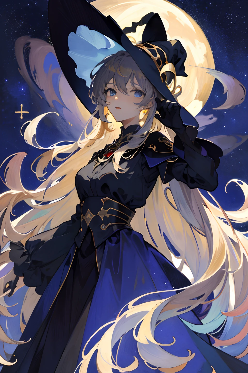 ((Masterpiece: 1.2, Best Quality)), 1girl, Solo, (Witch Hat), Blonde, Long Hair, Dress, Aurora, Night, Stars (Sky), Gloves, Sky, White Dress, Night Sky, Open Mouth, Starry Sky, Blue Eyes, Ribbon, Very Long Hair, Red Dress, Smile, Hair Ribbon, Cloak, Blue Hair, (Bird), Magic, Casting Spells, Dark Clouds, Night, (Impressionism: 1.4), (Tarot: 1.3) , Alphonse Mucha,