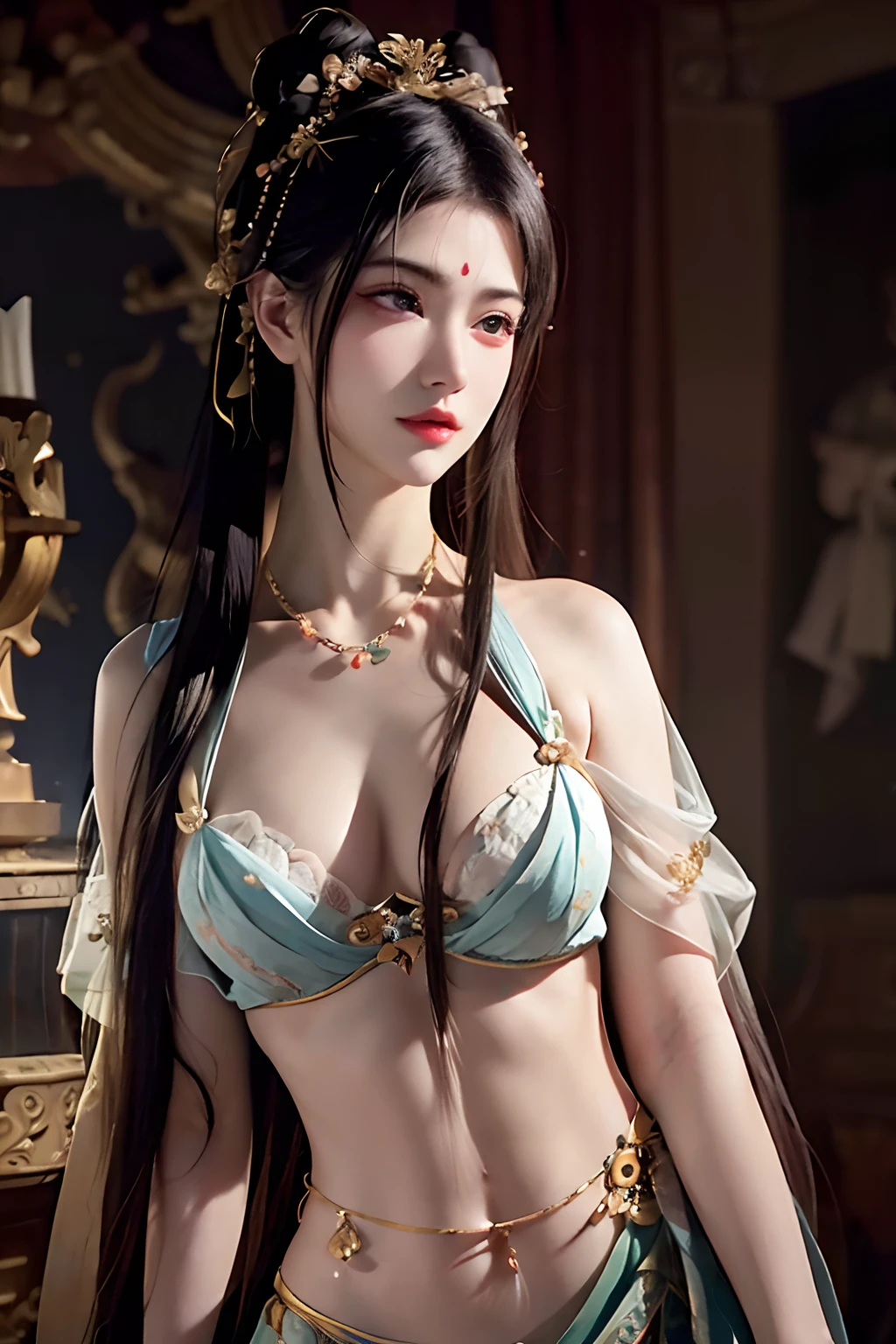 (RAW photo, best quality), (realistic, photo-realistic:1.3),best quality,highly detailed,masterpiece,ultra-detailed,illustration,1girl,upper_body,dynamic angle,world masterpiece theater,messy_long_hair,best quality,extremely detailed CG unity 8k wallpaper,ink,Amazing,cinematic lighting,lens_flare, dunhuang_style
