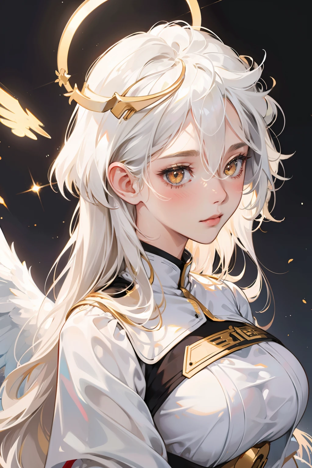 masterpiece, best quality, ultra-detailed, illustration, close-up, straight on, face focus, 1girl, white hair, golden eyes, long hair, halo, angel wings, serene expression, looking at viewer, large breast:0.9, side boobs:1.2, blushing,