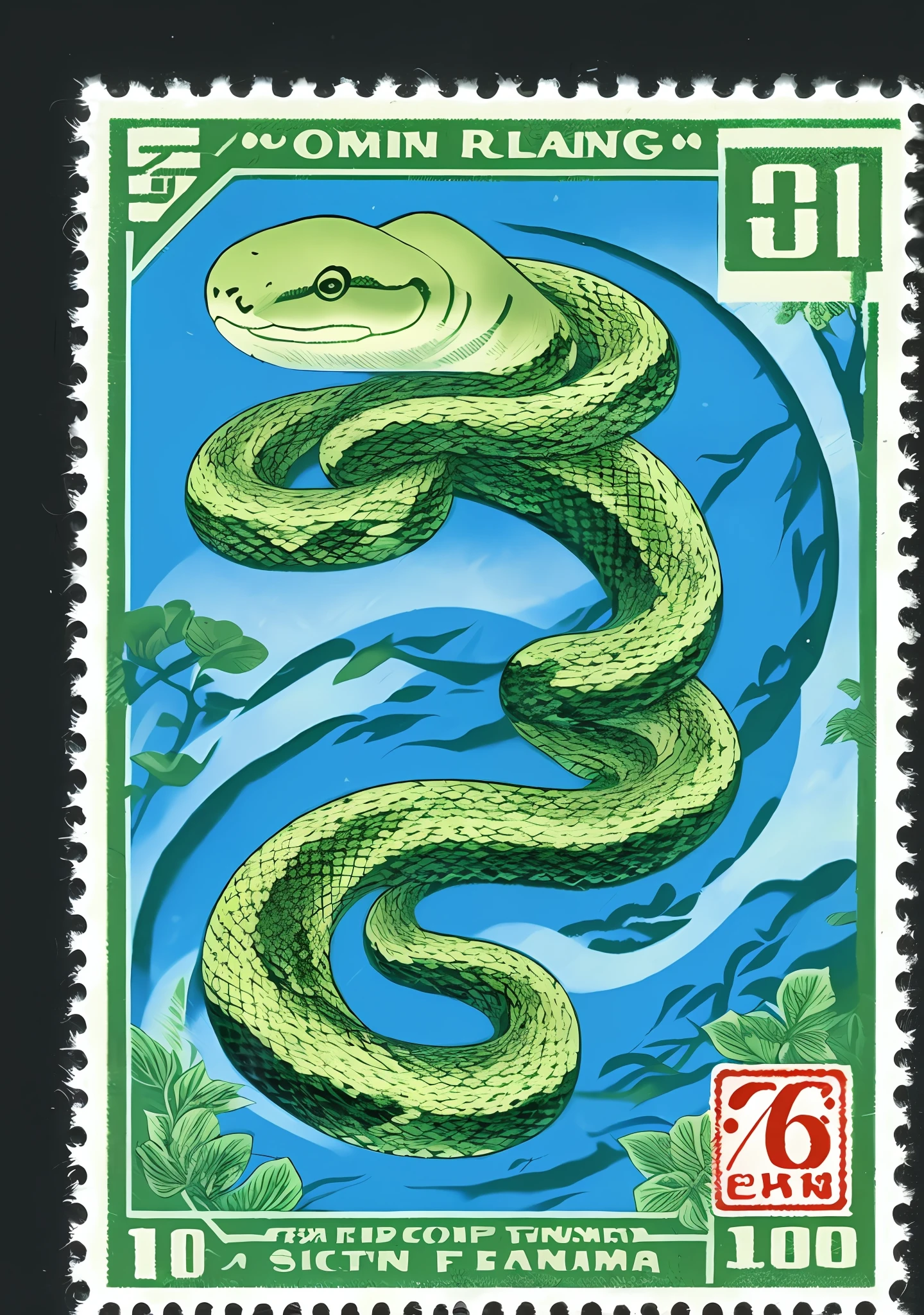 A postage stamp in Vietnam depicts a snake, In a psychedelic surrealist style, Qing dynasty, photo taken with ektachrome, Indigo and green, Japanese folk art, Bamileek Art, Otherworldly creatures