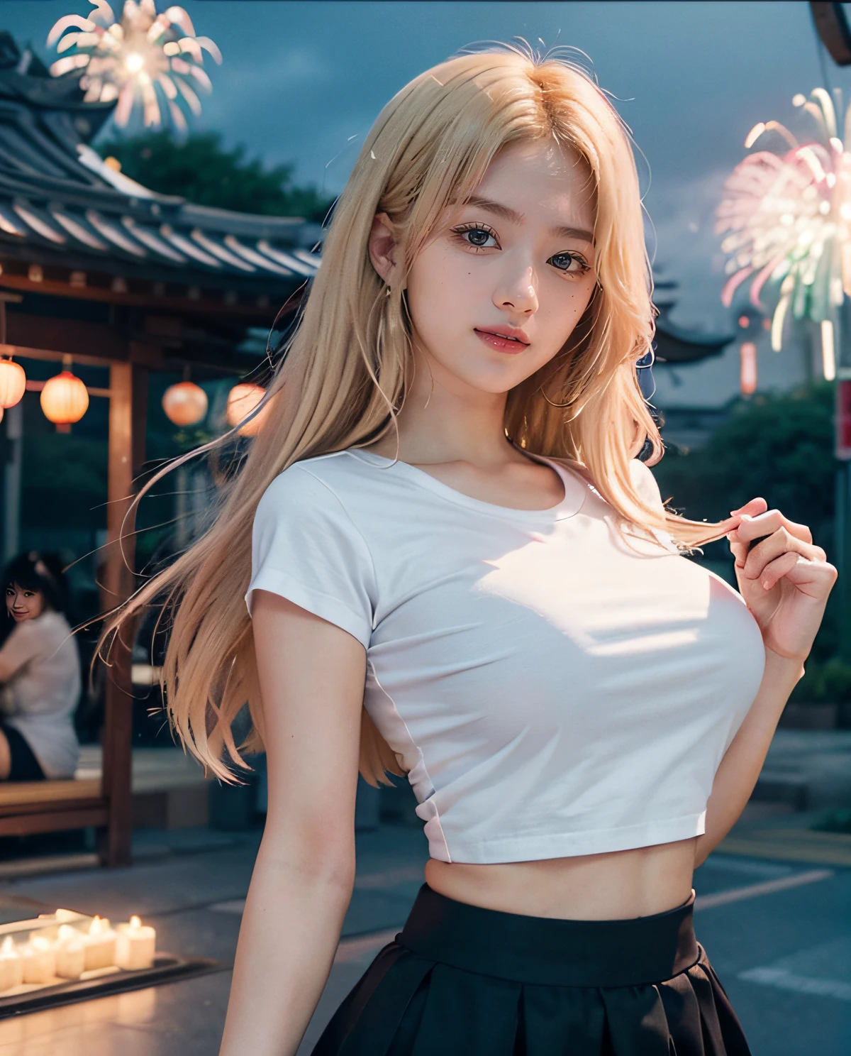 1girl, (Pink Eyes), smiling, (Sana Minatozaki), wide hips, Big Boobs, big ass, (Best Quality, 8k, Masterpiece: 1.3), Clear Focus: 1.2, Perfect Body Beauty: 1.4 , Slender Abs: 1.2, Highly detailed face and skin texture, detailed eyes, double eyelids, (blonde long hair), (white t-shirt), (black skirt), (in an matsuri at night), (food stalls), (background fireworks)