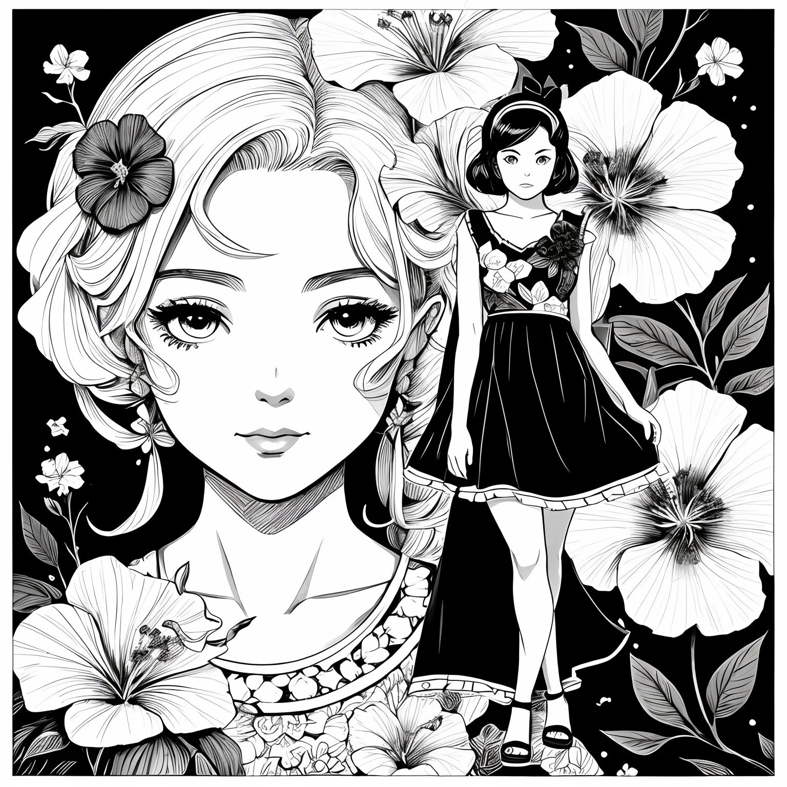 Black and white stick figure girl with hibiscus flower in background, loli in dress with flowers, its fine ink line art, comic style, portrait of magical marilyn munroe beautiful line art, black and white comic style, manga style, manga art style, pencil and ink caricature drawing, black and white coloring