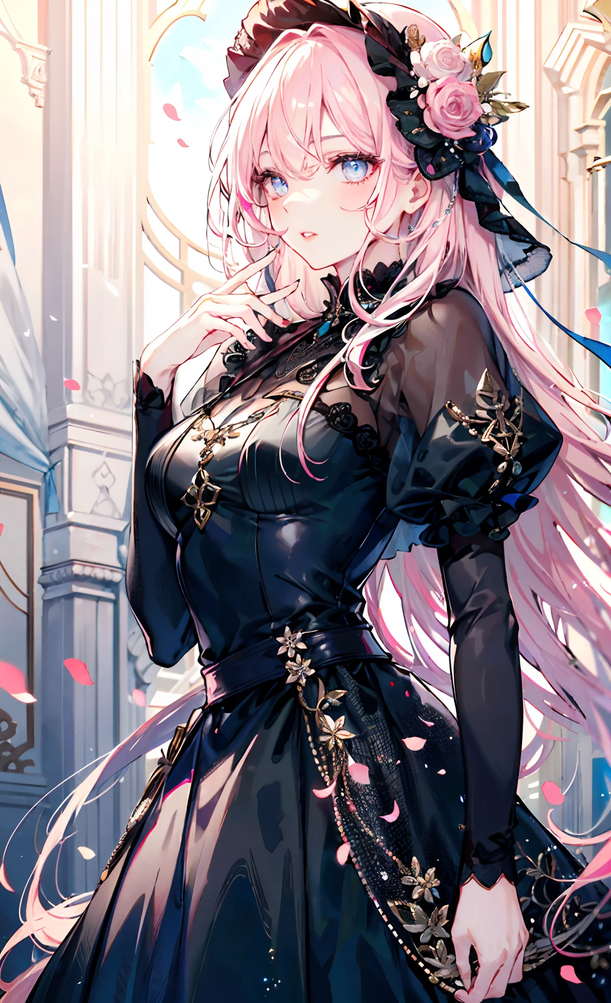 meticulous portrayal of face,1 noblewoman,a matural female,Black dress long dress,(Pink White Long Hair),dark night background,Prom, s the perfect face, perfect hand, Perfect Finger, Perfect lips, perfect eyes, Perfect background