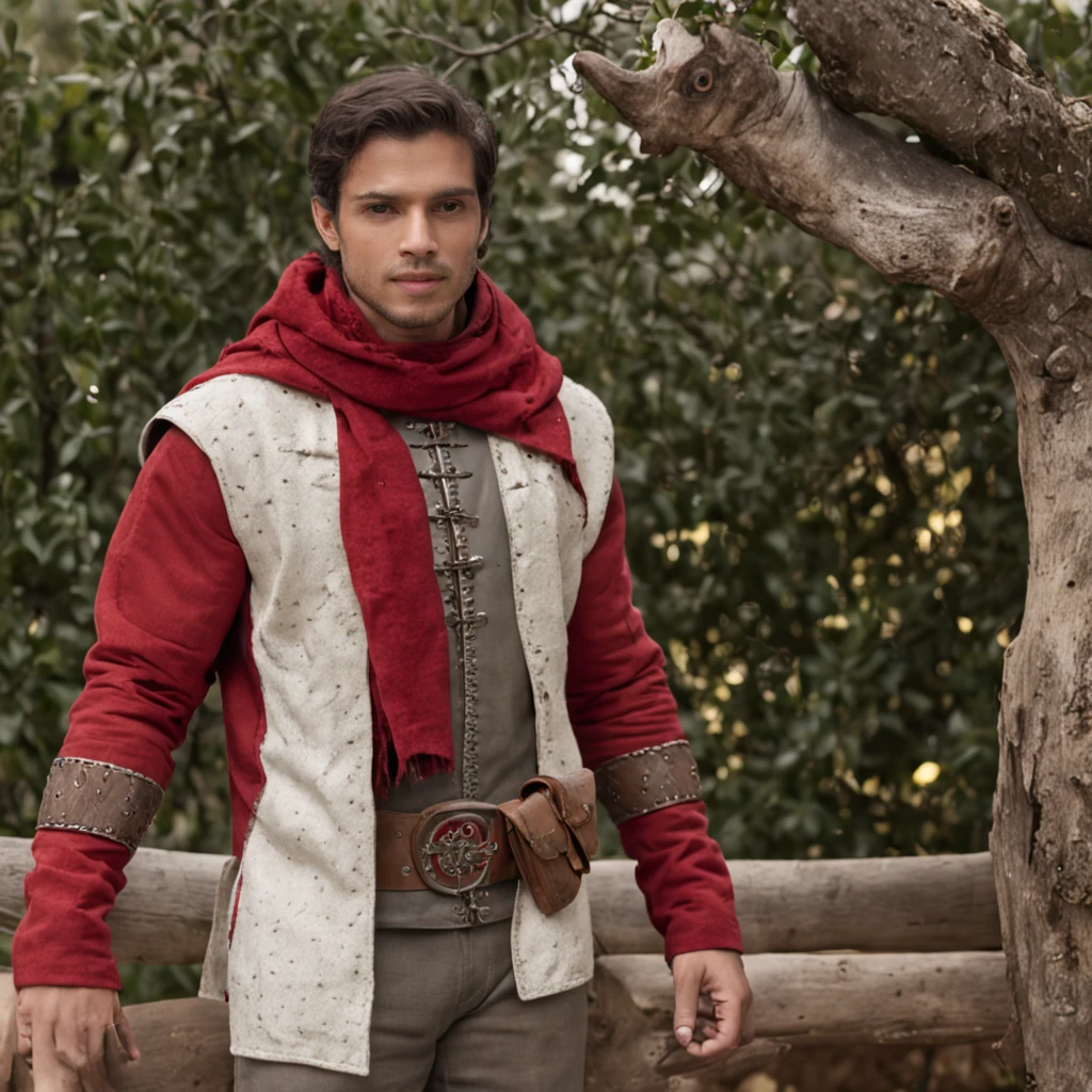 There is a man standing in front of a wooden bench, inspirado em Nathan Oliveira, meio tiro de um hunky, caio santos, maxwell boas, he is! cerca de 3 0 anos de idade, com montanhas ao fundo, inspirado em Julius Jakoby, Brandon, com montanhas como pano de fundo, Pose casual.{"description": "Desenhe um rapaz usando uma armadura com moldes medievais, sem um elmo, mostrando seu rosto. Seus olhos devem emanar uma luz forte em cor vermelha, combining futuristic and cybernetic aesthetic elements. Ele deve estar vestindo mantos brancos que envolvem seu traje. Certifique-se de criar uma imagem de alta qualidade e com um modelo realista. O rapaz deve estar rodeado por um ambiente em chamas, creating a dramatic and impactful scenario.", "style": "realistic", "quality": "high", "elements": {"armor_style": "medieval with futuristic and cybernetic elements", "face_expression": "determined", "eye_light_color": "bright red", "cloak_color": "white", "environment": "burning flames", "environment_style": "dramatic and impactful"}}
