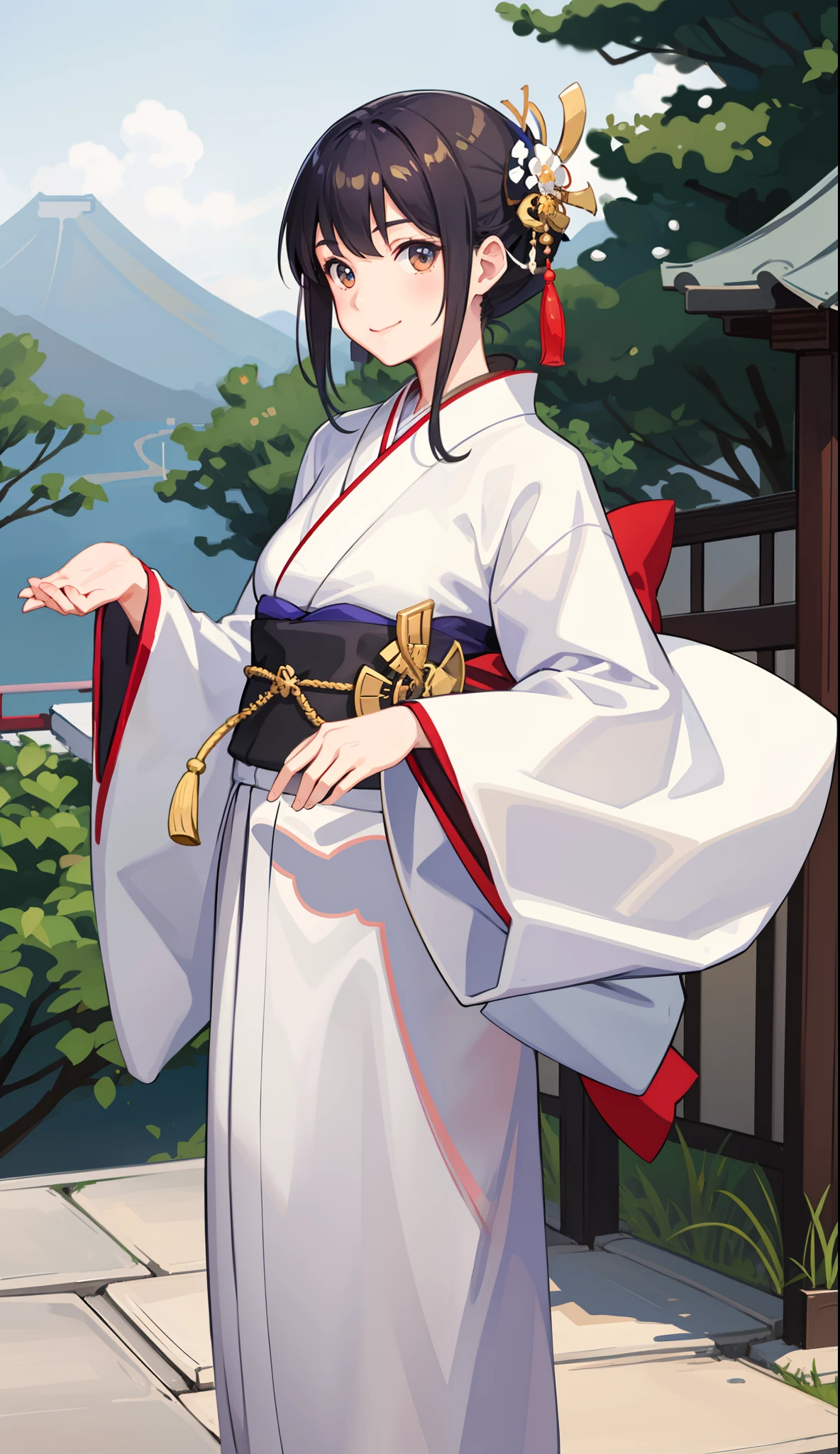 1girl in、A smile、A delightful! Taisho period in Japan、White color kimono、Hakama、(small tits)