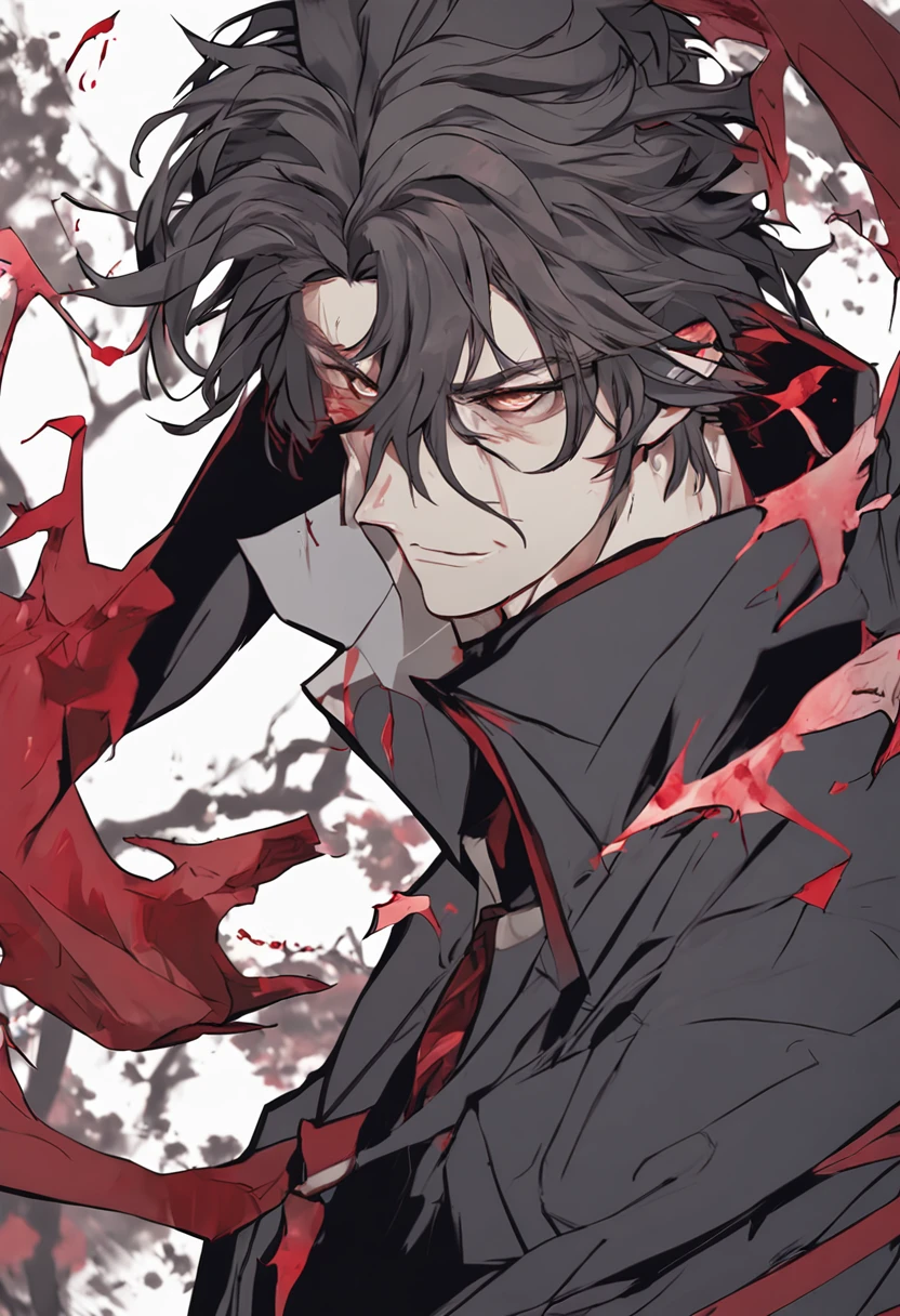 anime character with a staff and a beard, handsome guy, detailed anime character art, vampire portrait, beautiful male god of death, fit male demon with bloodied fangs.