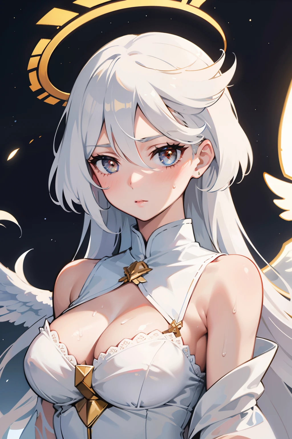 masterpiece, best quality, ultra-detailed, illustration, close-up, straight on, face focus, 1girl, white hair, golden eyes, long hair, halo, angel wings, serene expression, looking at viewer, moderate breast:0.9, cleavages:0.8, blushing, sweaty