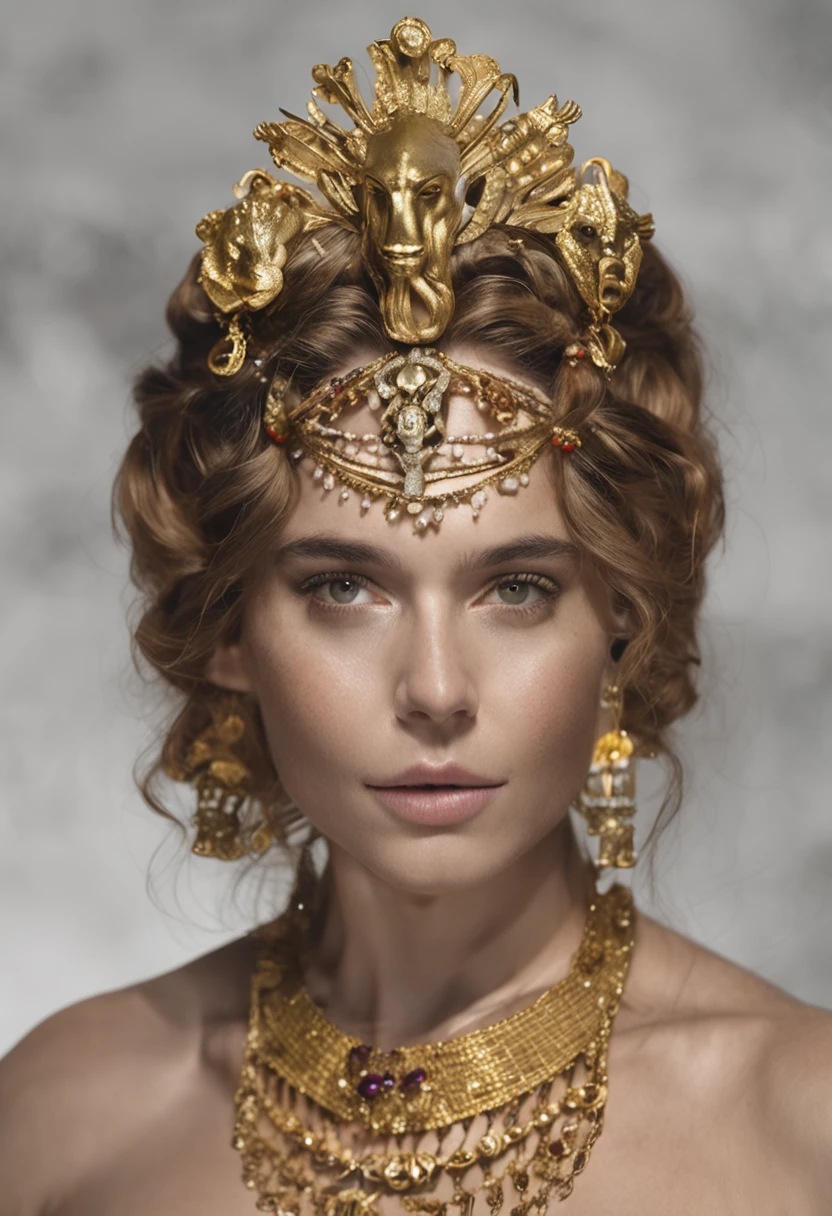 (Retrato de la hermosa diosa Atenea en traje blanco griego antiguo), (Cabello morado corto y rizado: 1.2), ojos verdes, Perfect anatomy, Cara perfecta, gaze at the camera, Pendientes de oro, Collar de oro, hiper detallado, Intrincadamente detallado, Perfect lighting (Antecedentes complejos, Greek mythology), Tema de la antigua Grecia, volumetic, Vibrante, luz del sol, pose sexy, cuerpo completo