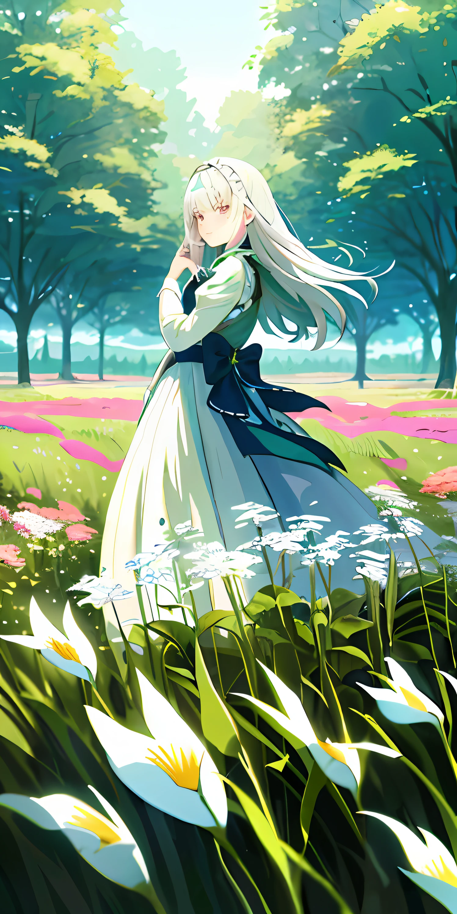 A woman in a dress standing in a flower field, anime visual of a cute girl, Stand in the grass, anime visual, Stand in the grass, In the meadow, offcial art, a maid in a magical forest, Official anime artwork, An anime cover, Girl in the meadow, Goddess in the meadow