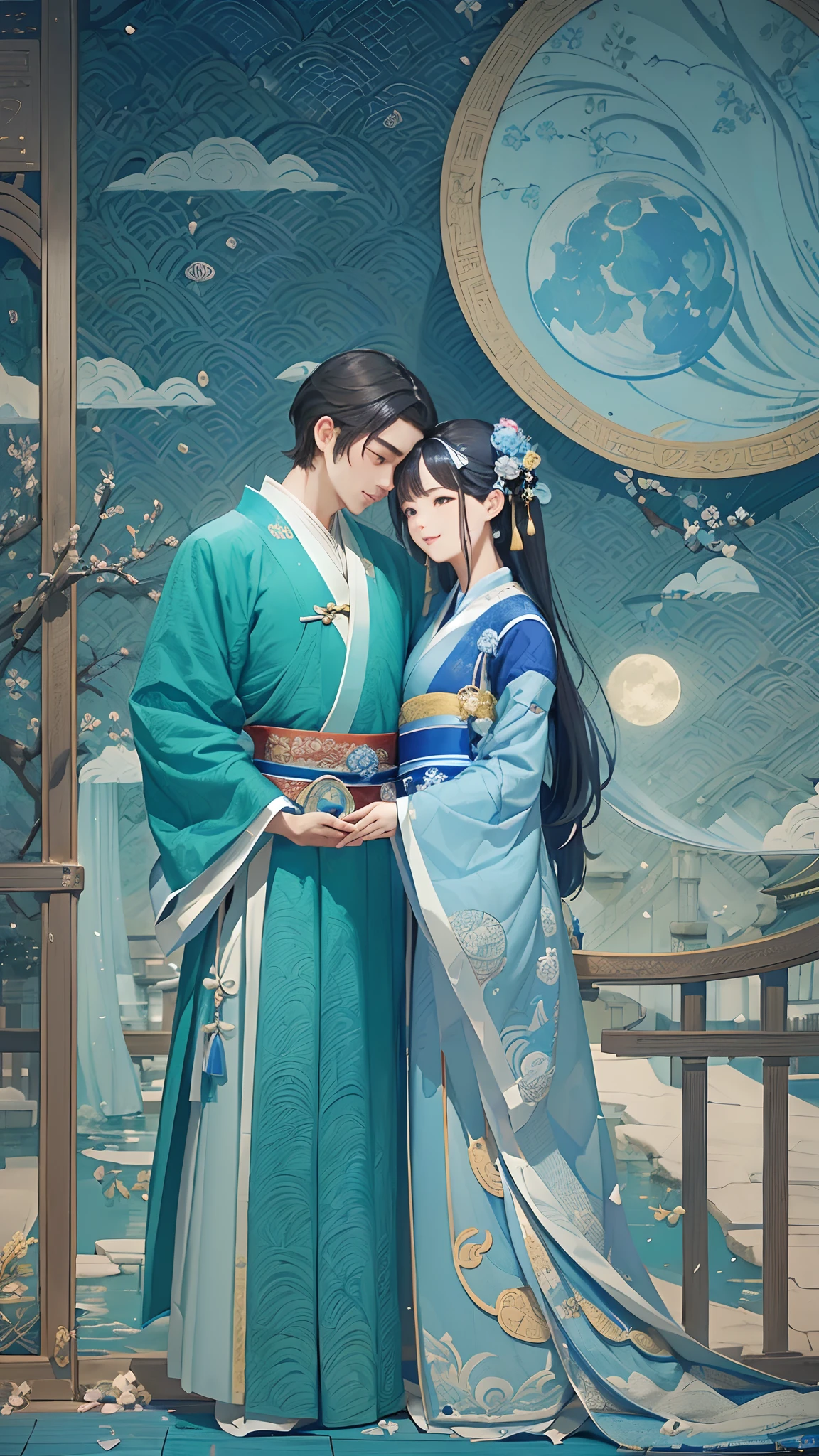 blue background,1 moon，(A hanfu couple hugging on a bridge:1.4, smile)，rosette，(illustration:1.3，paper art:1.3, Quilted paper art:1.2, extremelybold outline),( reasonable design, Clear lines, High sharpness,best quality, Very detailed, masterpiece, movie lighting effects, 4K )