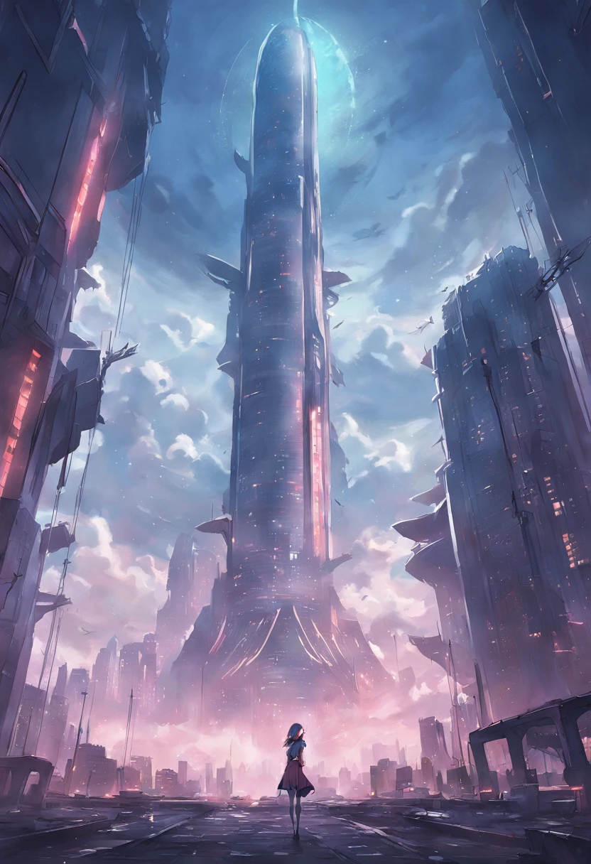 View of a futuristic tall building in a futuristic city that serves as a pillar for a dome displaying a cloudy sky, Video game concept art, Realstic