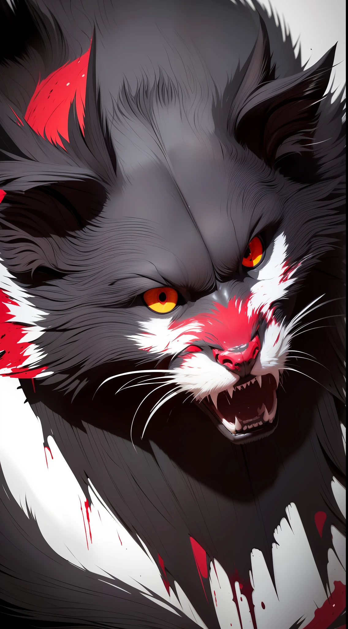 Fierce black cat，Dark red eyes，(Ultimate close-up of the face),(Extreme body detail close-up),White fangs,Sharp claws，Teeth and claws，Covered in bloody armor,(The armor is tattered,Blood dripping),Blood dripping from the corners of the mouth,Real blood,Full body like,Prepare for a raid