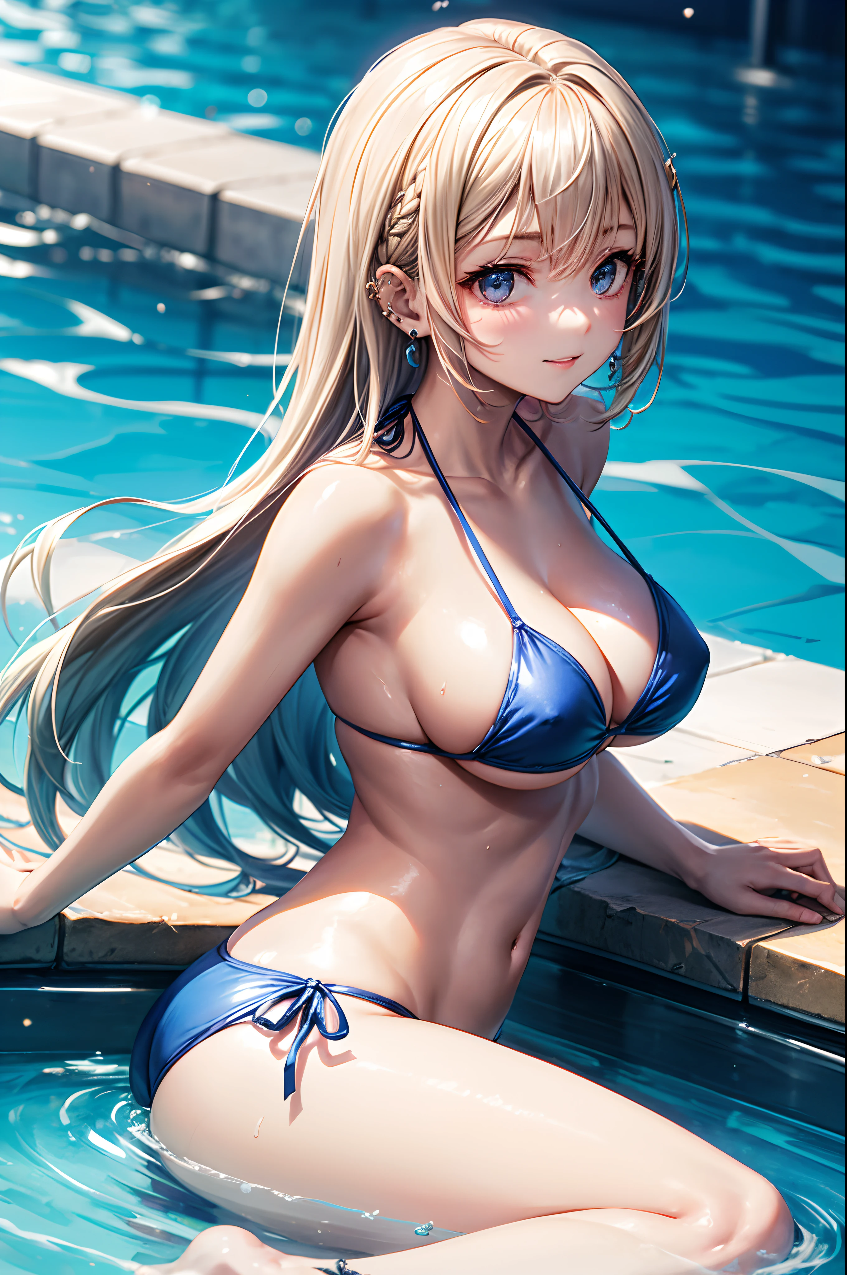 realisitic、top-quality、 1 人、20yr old、light colored hair、piercings、Shy face、Fancy Bikini、beautiful boob 、sexypose、s ass、Example Pool、Particles of light、profetional lighting、blue open sky