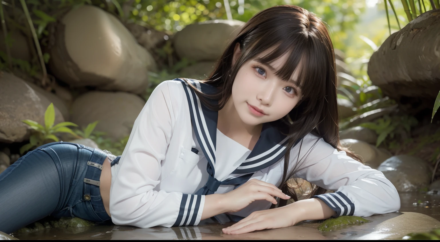 a pregirl，ssmile, looking at viewert, sailor uniformm,skintight jeans，photore, realisticlying, Best quality at best, employee, 详细的脸，Lying on a large mossy stone in a bamboo forest， diffuselighting, depth of fields