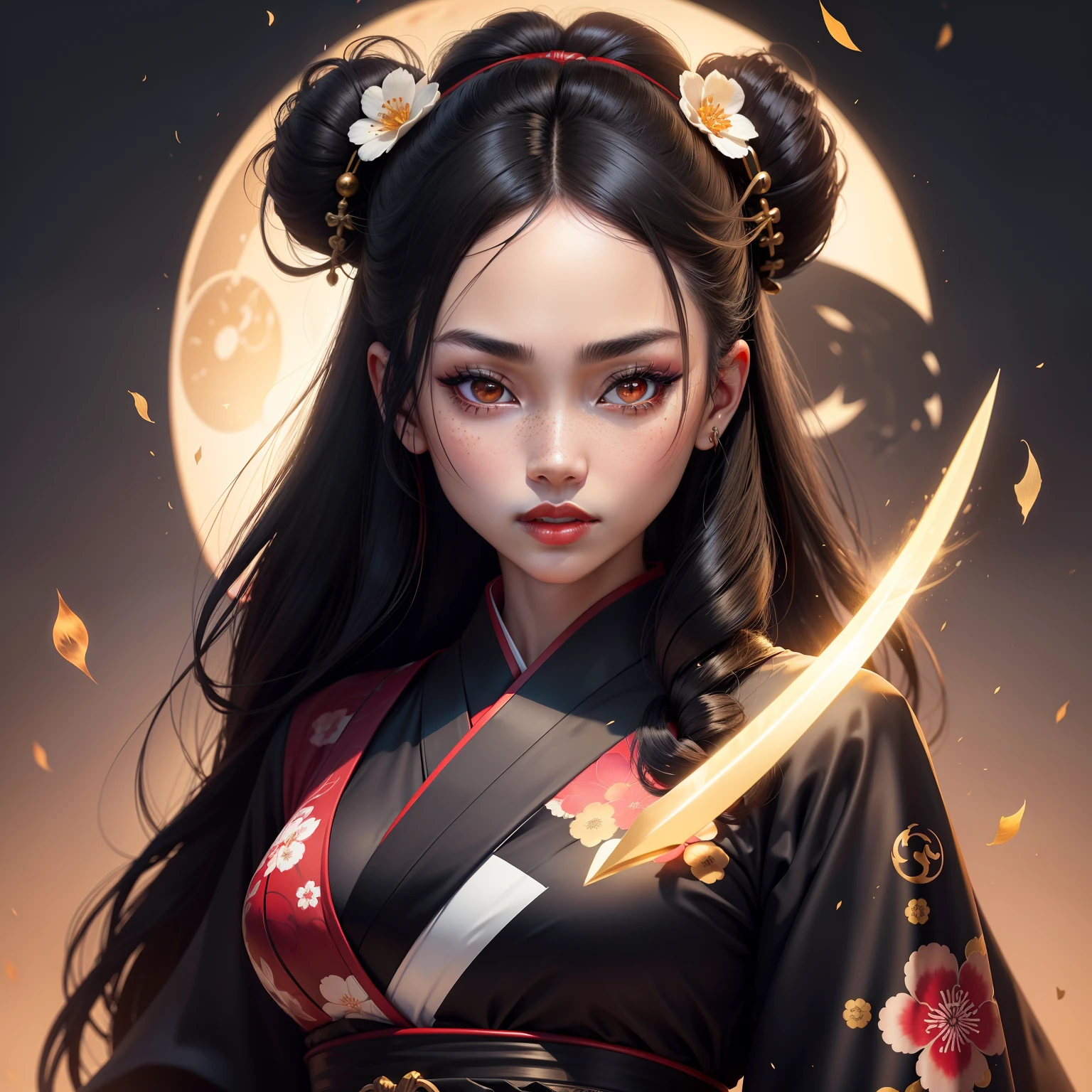 geisha, wear black and gold cross kimono, black hair, bright white moon, dark skin complexion, 4k, almond eyes, big lip, logo, heart shape face, face fuller, sexy hair, red and white cherry blossom on hair, black eyeballs, dark red lipstick, female samurai warrior, swords, face shots, head shots, freckles on the face, up close head face shots, full hair, brown skin tanned, holding sword