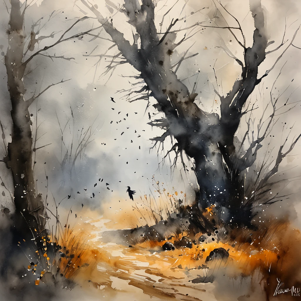 Two crows in a dead tree, Uma sombra em Forma de andador, Noite estrelada, Thick fog on the ground, Luz azul no horizonte, Motor Unreal 5, cinemactic, Low-angle photography, motion blur, proFundidade de campo, dust, Cobblestones and dirt. arte splash, pingando tinta. Perfect color classification. inFluenciado por karel Appel e jeremy mann, Full of dramatic and threatening scenes, hiper-detalhado, Beautiful, detalhes insanos, detalhes intrincados, FotograFia Editorial, FotograFado com uma lente de 50mm, proFundidade de campo, Tilt Blur, Velocidade do obturador 1/1000, F/22. Mapas de luz, super brilhante