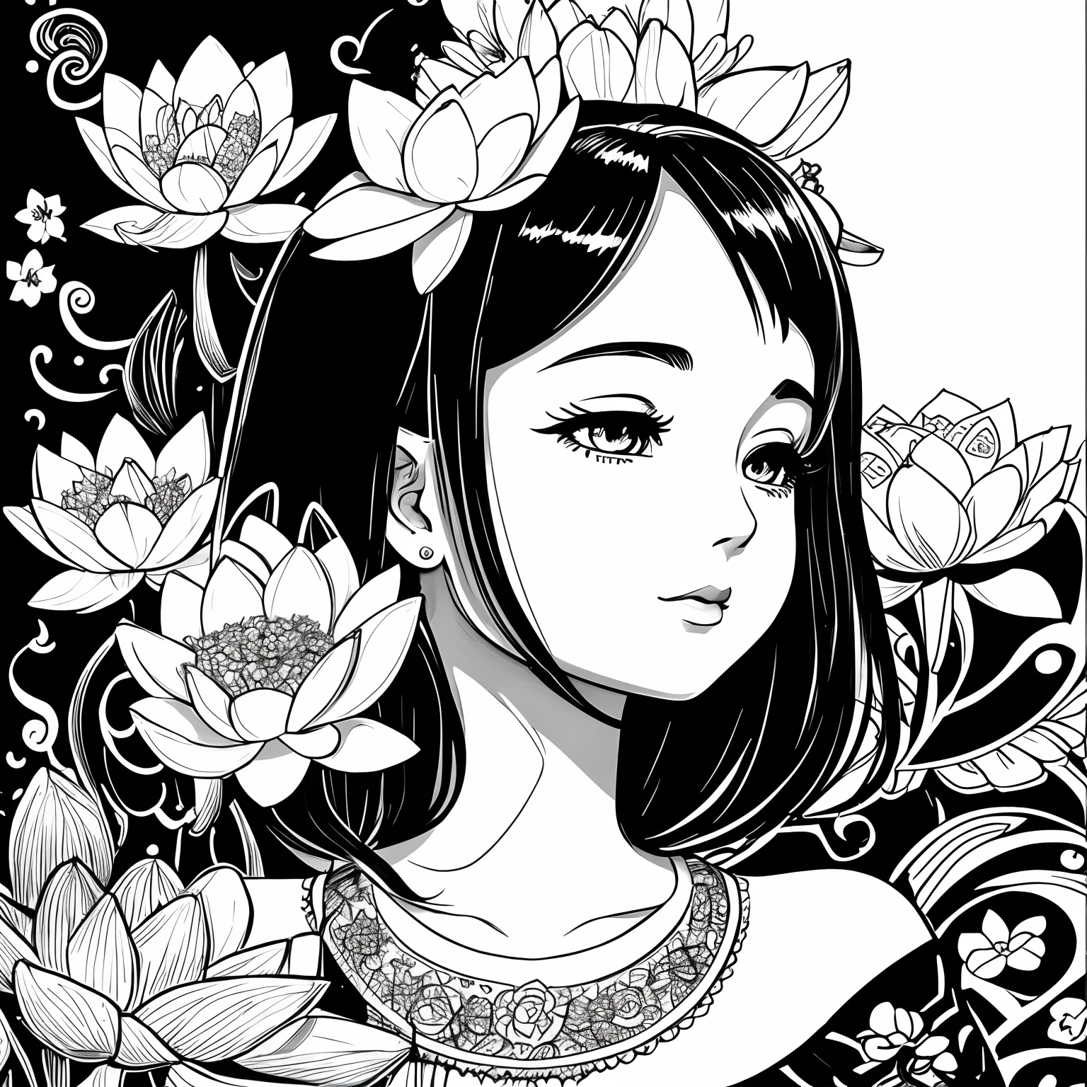 Black and white stick figure girl with lotus flower in background, loli in dress with flowers, its fine ink line art, comic style, portrait of magical marilyn munroe beautiful line art, black and white comic style, manga style, manga art style, pencil and ink caricature drawing, black and white coloring