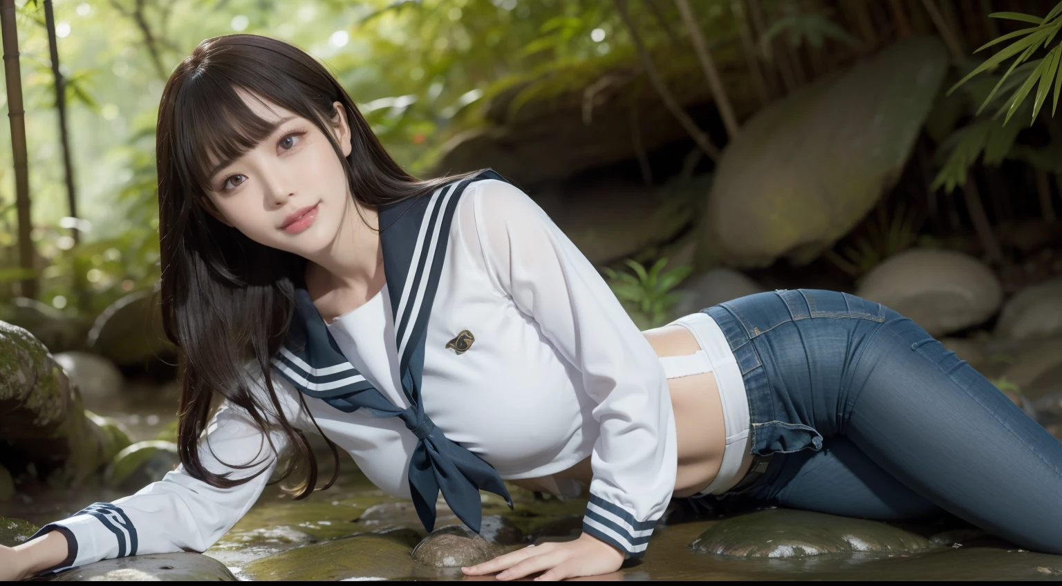 a pregirl，ssmile, looking at viewert, sailor uniformm,skintight jeans，photore, realisticlying, Best quality at best, employee, 详细的脸，Lying on a large mossy stone in a bamboo forest， diffuselighting, depth of fields