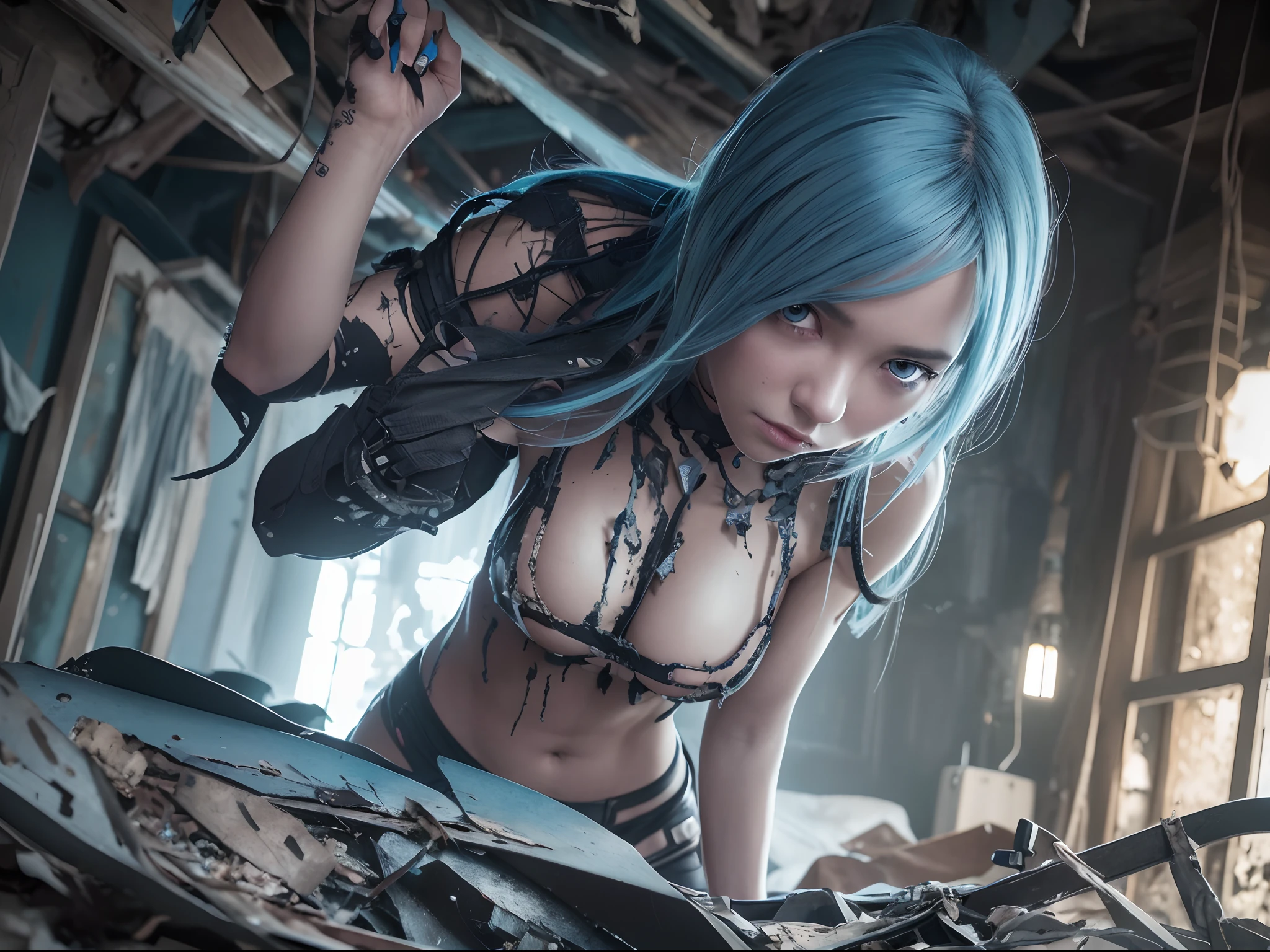 Uniform rendering of dark and gloomy full body 8K, Mature female cyborg, Blue hair, Wearing tattered armor, In a cluttered shack , action shot, tattered torn shirt, Cracking of porcelain skin, skin pore, detailed intricate iris, very dark lighting, heavyshading, Detailed, Detailed face, (vibrant, photograph realistic, Realistic, Dramatic, Dark, Sharp focus, 8K)