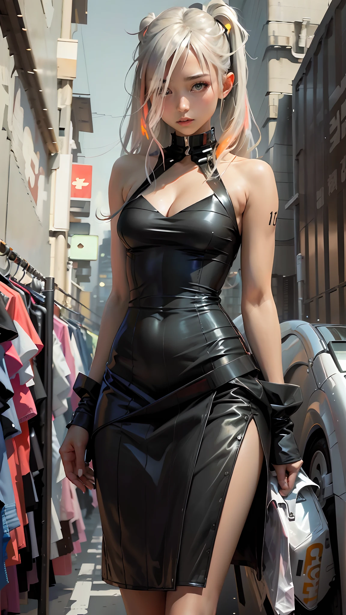 miku hatsune、Neon Ninja Style、Young Japan girl dressed in shiny silver clothes as futuristic city cyberpunk character。Hair scrunchies, hime-cut, Silver hair,, Color Chip, Medium Hair, O cabelo multicolorido, Bangs parting, Parted lips, Red Lipstick、fullmoon, grey  eyes, sexiness and coolness、Night、neons、Future、Concept art、World of Blade Runner、toron worldview、ghost in the shell world view、Painting、Illuminated、a closeup、Detailed light、backlit glow。Rainy night in cyberpunk city with glowing neon lights。Dynamic and dynamic composition。