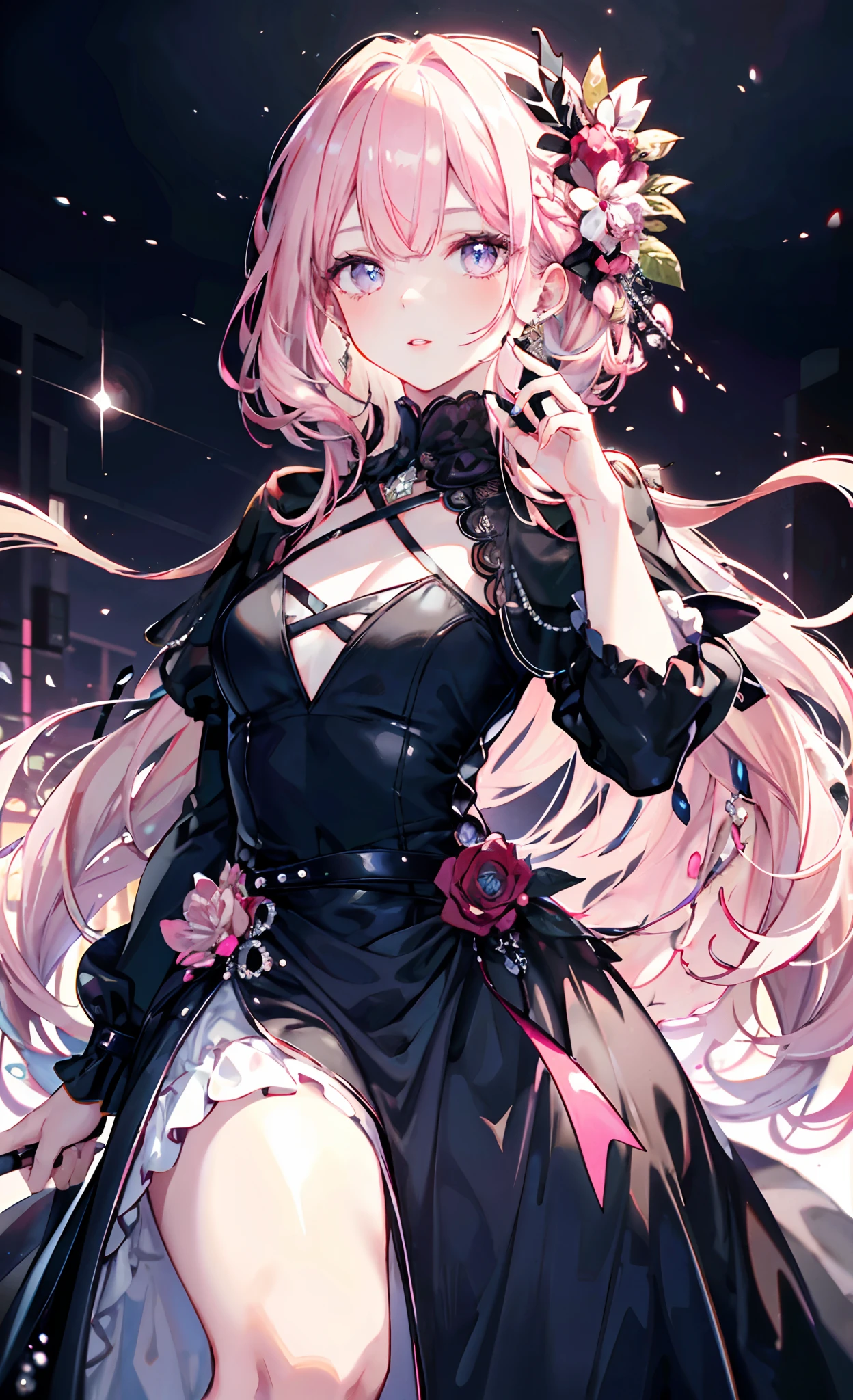 meticulous portrayal of face，1 noblewoman，a matural female，Black dress long dress，(Pink White Long Hair)，(dark night background)，Prom，  s the perfect face， perfect hand， Perfect Finger， Perfect lips， perfect  eyes， Perfect background