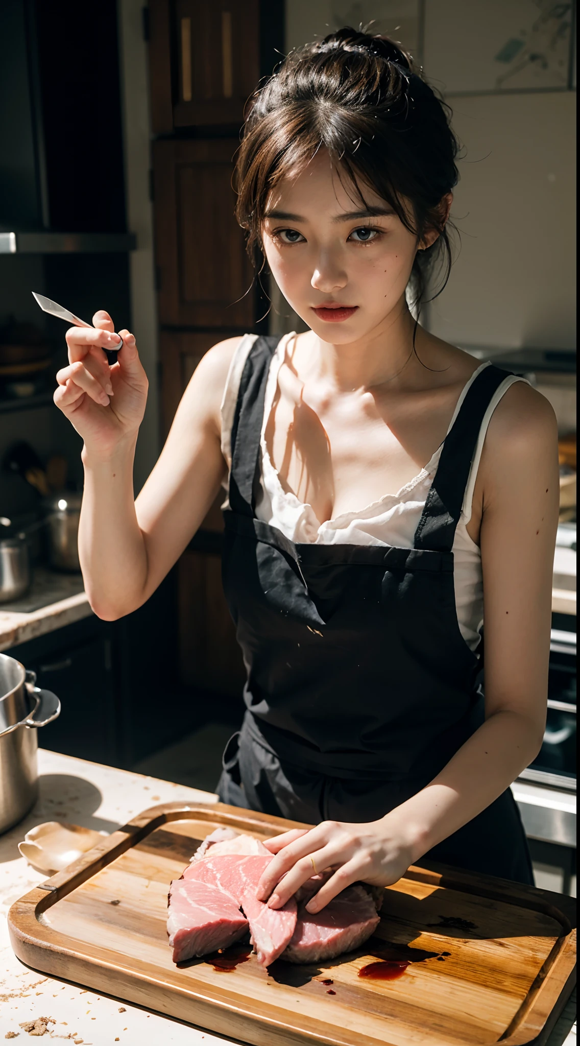 best qualtiy,tmasterpiece,超高分辨率,(真实感:1.4),RAW photogr,1girll,Proportional coordination,deep shading,low tune,Cold light original photo,(closeup cleavage:1.0),(sface focus:2),(1girll被soft_Light:1.5包围),(illuminating),(Flowing fabric:1.3),(Kitchen clothes apron),Delicate headgear,tiese,(tmasterpiece), realisticlying, hdr, highly detailed, 8K, RAW photogr, Environmental occlusion,naturey,Harmonious composition,Butcher with a knife,A fierce-eyed,Finely chop the meat,The apron was stained with sludge,Cold,chopping board,Dirty environment。Hide hands。