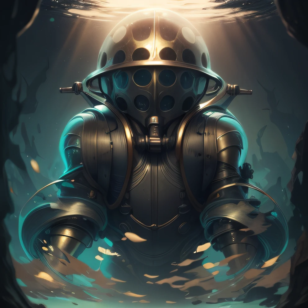 ((Best quality)), ((Masterpiece)), (Highly detailed: 1.4), (hyper-realistic), ((Best quality)), ((Masterpiece)), (Highly detailed: 1.3), (realistic), (Photorealistic), (high dynamic range), 8K, Highly detailed, ultra high resolution, keep the idea, keep the shapes, man, in a diving suit, old, big, round, metal helmet, the body is covered by a suit metallic, simple, art deco style, background image, under the sea, low light.
