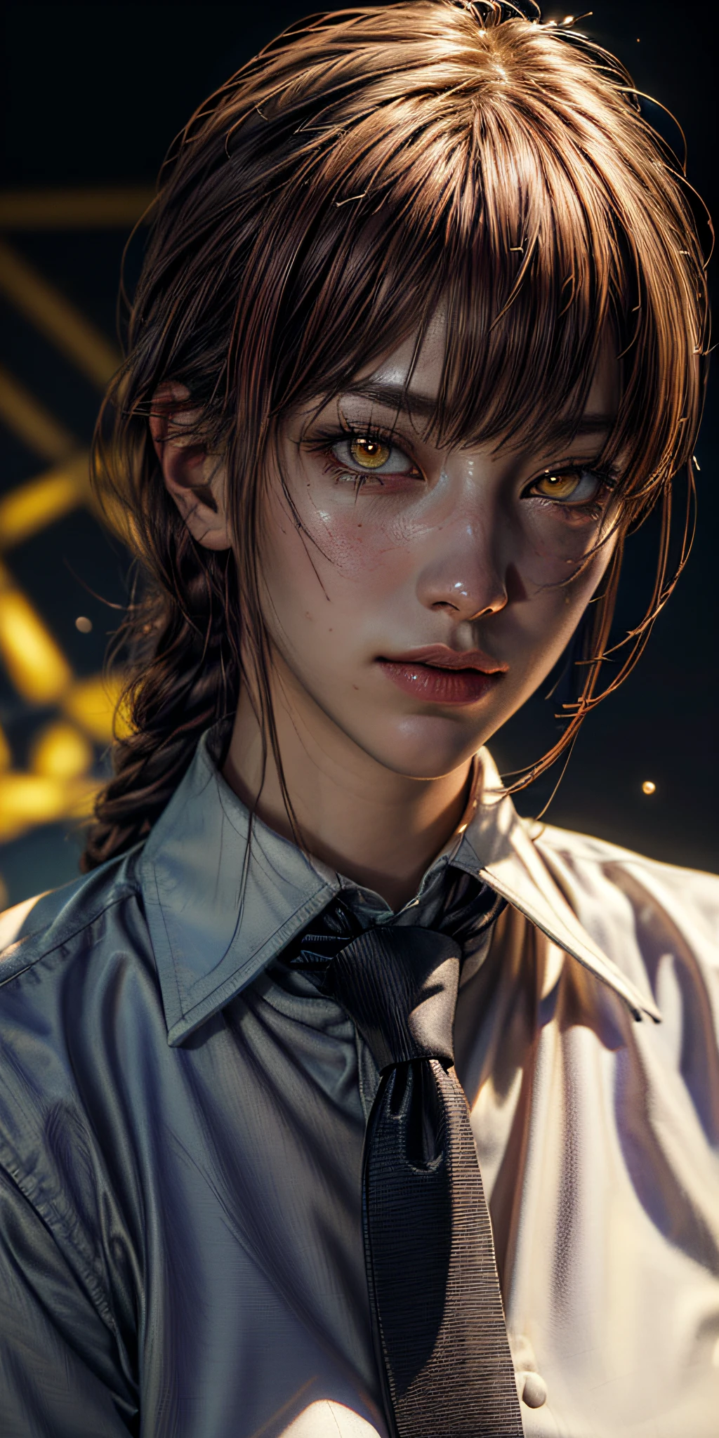 masterpiece, (photorealistic:1.4), best quality, beautiful lighting, makima \(chainsaw man\), (red hair)+(long braided hair)+(bangs), yellow eyes, golden eyes, (ringed eyes), (white shirt), (necktie),Prepare to be amazed by the astonishing level of detail in this ultra-realistic 10k high resolution artwork, where the fusion of Digital Painting, Anime Art, (masterpiece: 1.5) (photorealistic: 1.1) (bokeh) (best quality) (detailed skin texture pores hair: 1.1) (intricate) (8k) (HDR) (wallpaper) (cinematic lighting) (sharp focus )