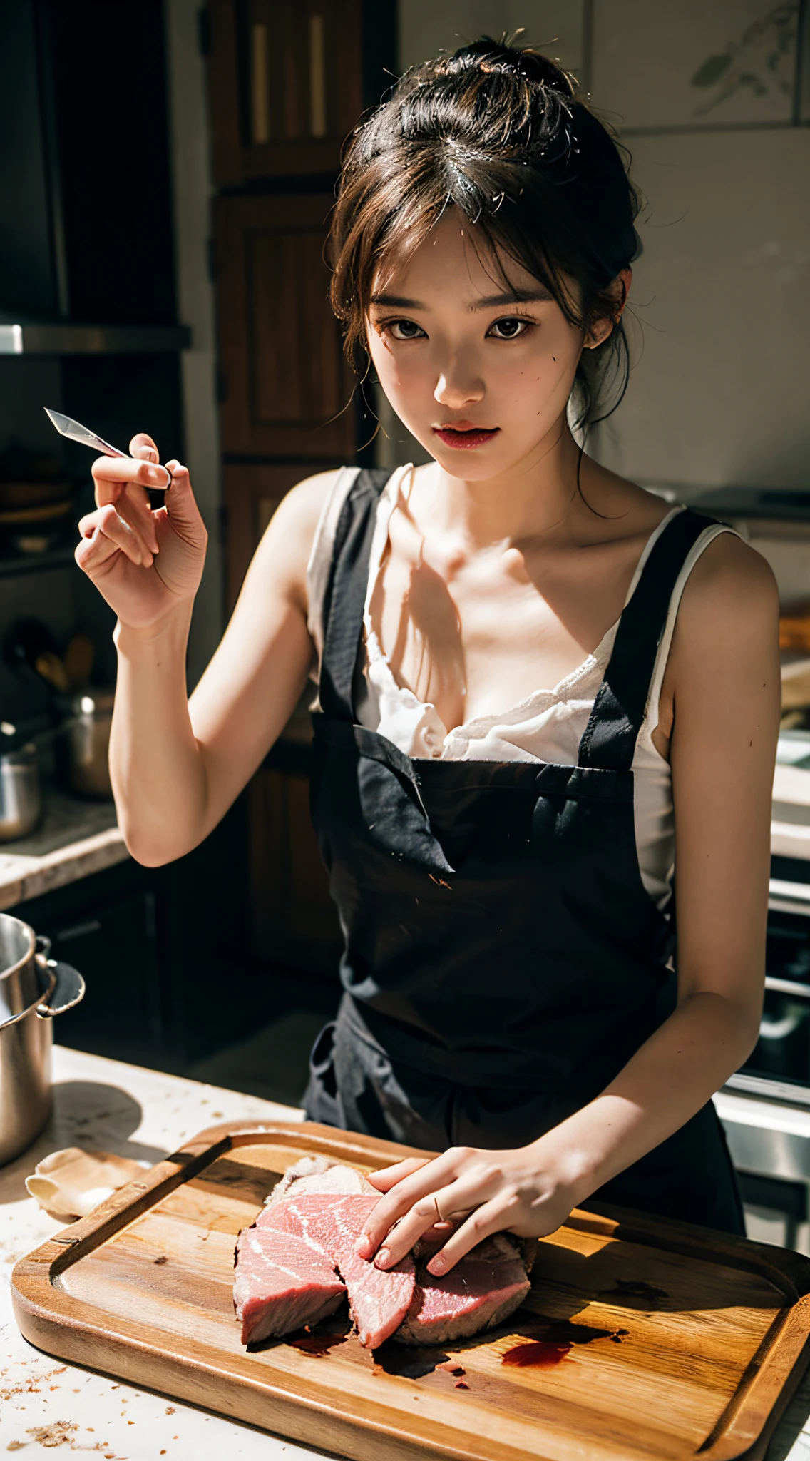 best qualtiy,tmasterpiece,超高分辨率,(真实感:1.4),RAW photogr,1girll,Proportional coordination,deep shading,low tune,Cold light original photo,(closeup cleavage:1.0),(sface focus:2),(1girll被soft_Light:1.5包围),(illuminating),(Flowing fabric:1.3),(Kitchen clothes apron),Delicate headgear,tiese,(tmasterpiece), realisticlying, hdr, highly detailed, 8K, RAW photogr, Environmental occlusion,naturey,Harmonious composition,Butcher with a knife,A fierce-eyed,Finely chop the meat,The apron was stained with sludge,Cold,chopping board,Dirty environment。Hide hands。