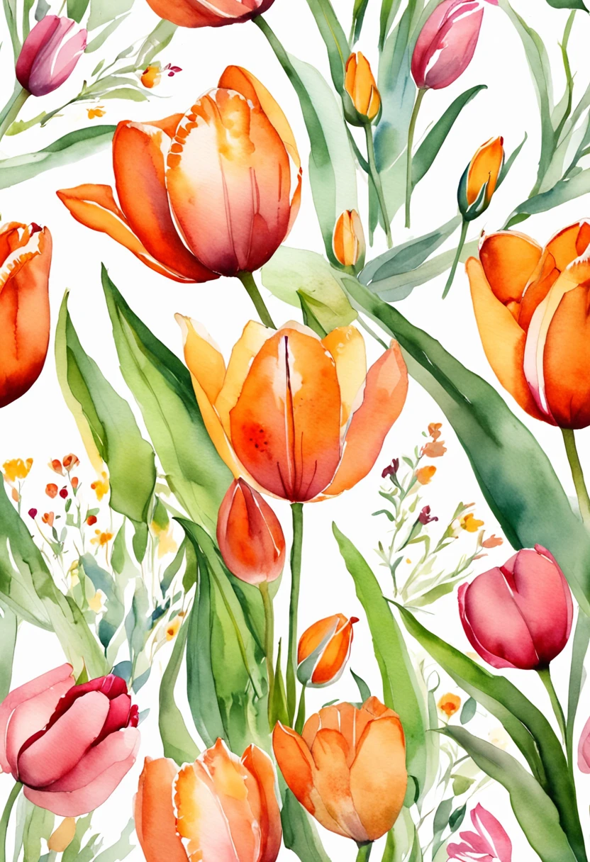 "Tulipas, molduras florais, delicadas flores de aquarela em tons de branco, laranja e rosas vibrantes, Captivating illustration."