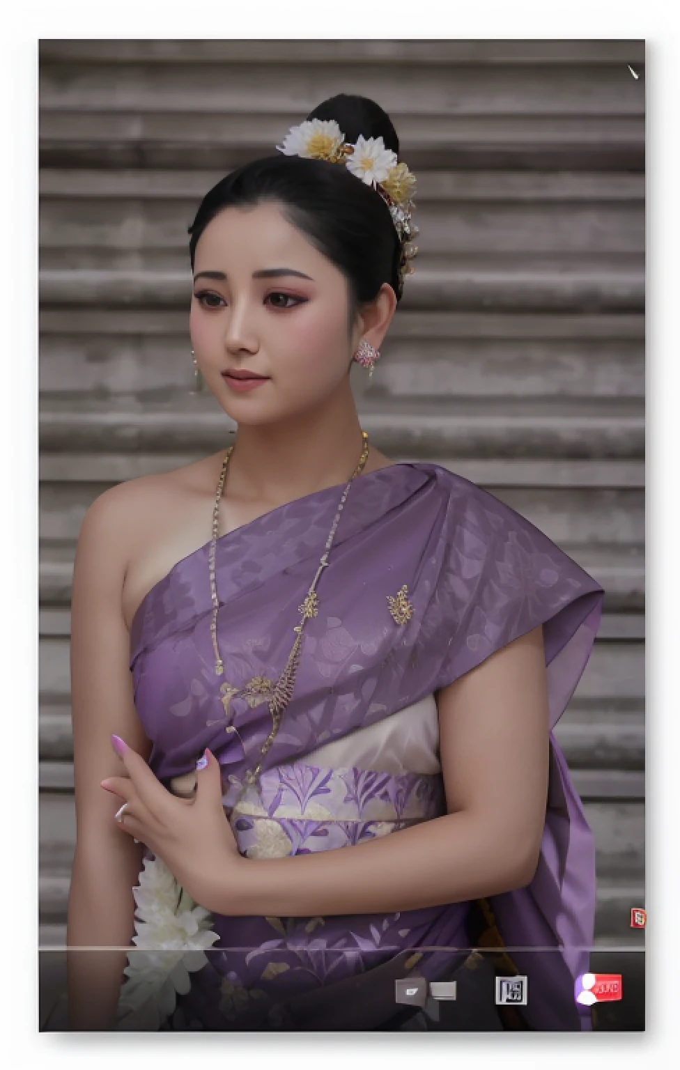 arafed woman in a purple dress with a flower in her hair, traditional beauty, sukhothai costume, draped in purple and gold silk, in style of thawan duchanee, draped in silky purple and gold, wearing sari, asian woman, south east asian with long, wearing a sari, photo taken with canon 5d, captured on canon eos r 6