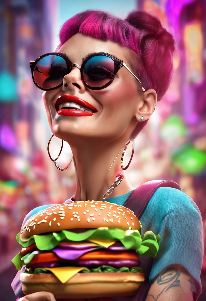 imagem de um hamburguer com cartola e fone de ouvido, musculoso, corpo completo, oculos, vestido com roupas de coloridas, hyper realistic detailed rendering, Estilo urbano, Pose estilosa, roupas da moda, West Slavic traits