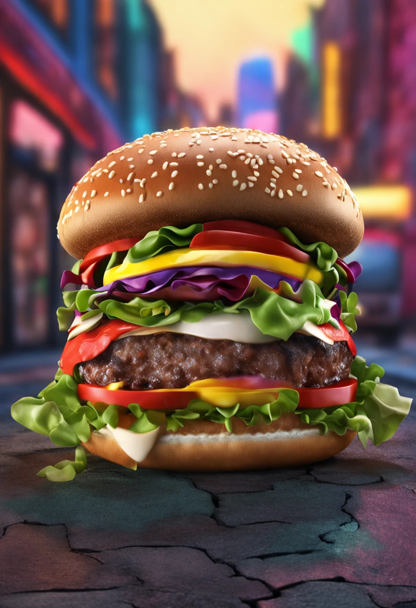 imagem de um hamburguer com cartola e fone de ouvido, musculoso, corpo completo, oculos, vestido com roupas de coloridas, hyper realistic detailed rendering, Estilo urbano, Pose estilosa, roupas da moda, West Slavic traits