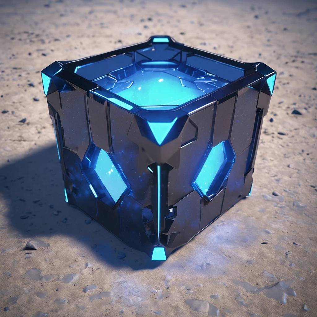 concept art of a clear blue glowing cube on the ground, beautiful realistic atmosphere, environment, detailed, realistic, concept art, unreal engine 5, structure, sci-fi, ray tracing, CGI, perfect visuals, lighting, smooth, movie, screen-space reflections, ambient occlusion, scenes, aesthetics, bloom, shadows, perfectly drawn, textures, cinematic, sharp edges, hdr effect, blender 3d, asset library, art station, realism, retro-futurism, 90s, 80s, vintage effect, vaporwave, chillwave, close up, the ground material is blue, synth wave, retro wave,