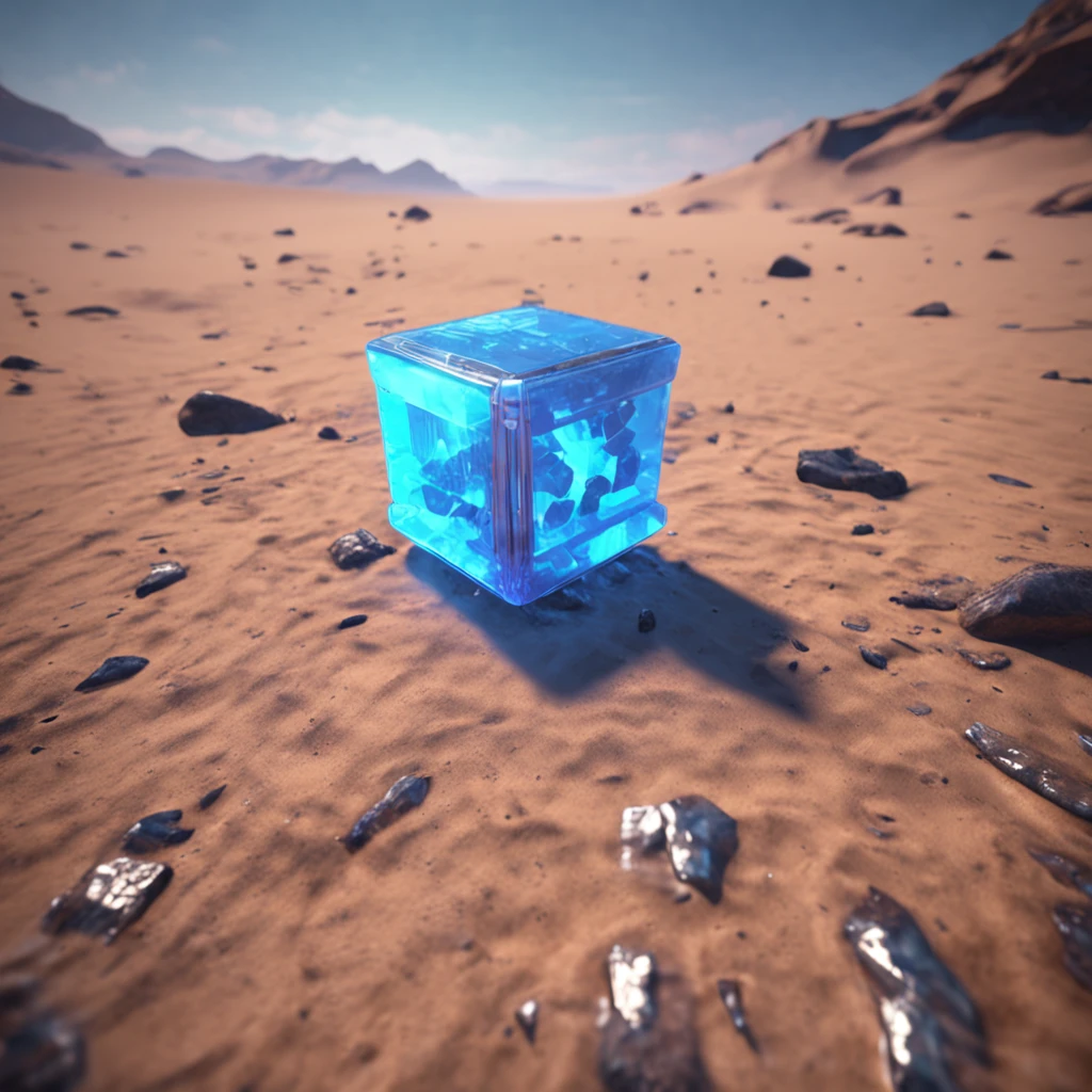 concept art of a clear blue glowing cube on the ground, beautiful realistic atmosphere, environment, detailed, realistic, concept art, unreal engine 5, structure, sci-fi, ray tracing, CGI, perfect visuals, lighting, smooth, movie, screen-space reflections, ambient occlusion, scenes, aesthetics, bloom, shadows, perfectly drawn, textures, cinematic, sharp edges, hdr effect, blender 3d, asset library, art station, realism, retro-futurism, 90s, 80s, vintage effect, vaporwave, chillwave, close up, the ground material is blue, synth wave, retro wave,