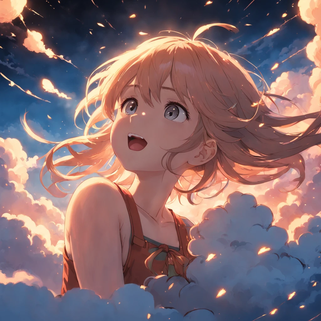 masterpiece, best quality, movie still, 1girl, cloud girl, floating in the sky, close-up, bright, happy, warm soft lighting, sunset, (sparks:0.7)