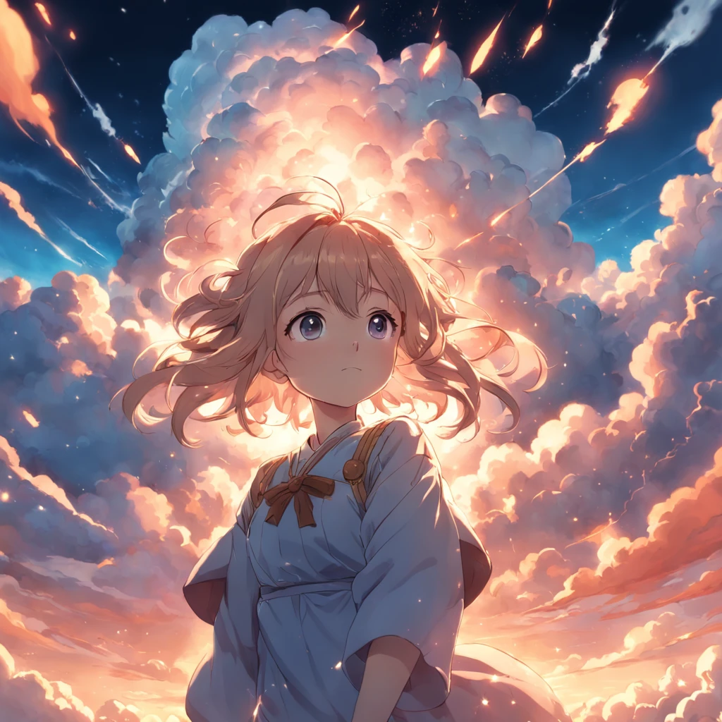 masterpiece, best quality, movie still, 1girl, cloud girl, floating in the sky, close-up, bright, happy, warm soft lighting, sunset, (sparks:0.7)